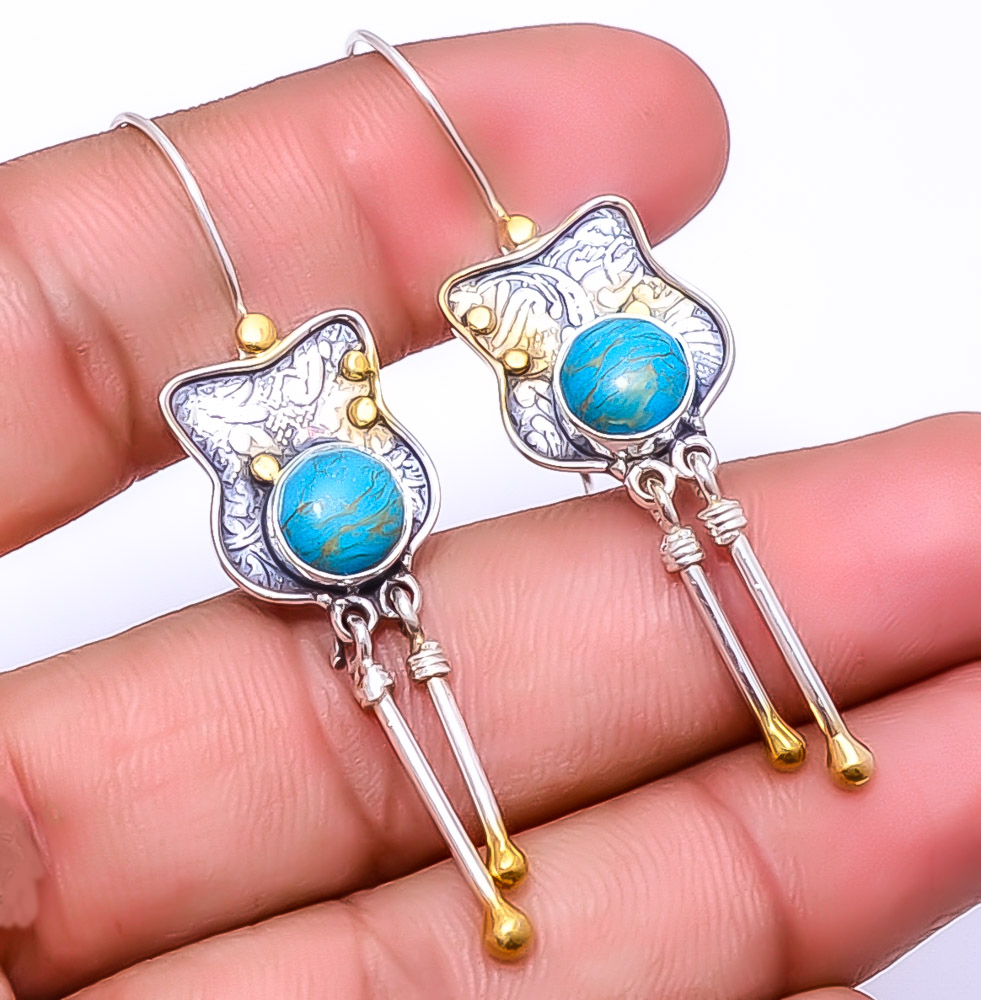 Copper Blue Turquoise 925 Sterling Silver Two Tone Earring 2.34″ E_9284_118_10