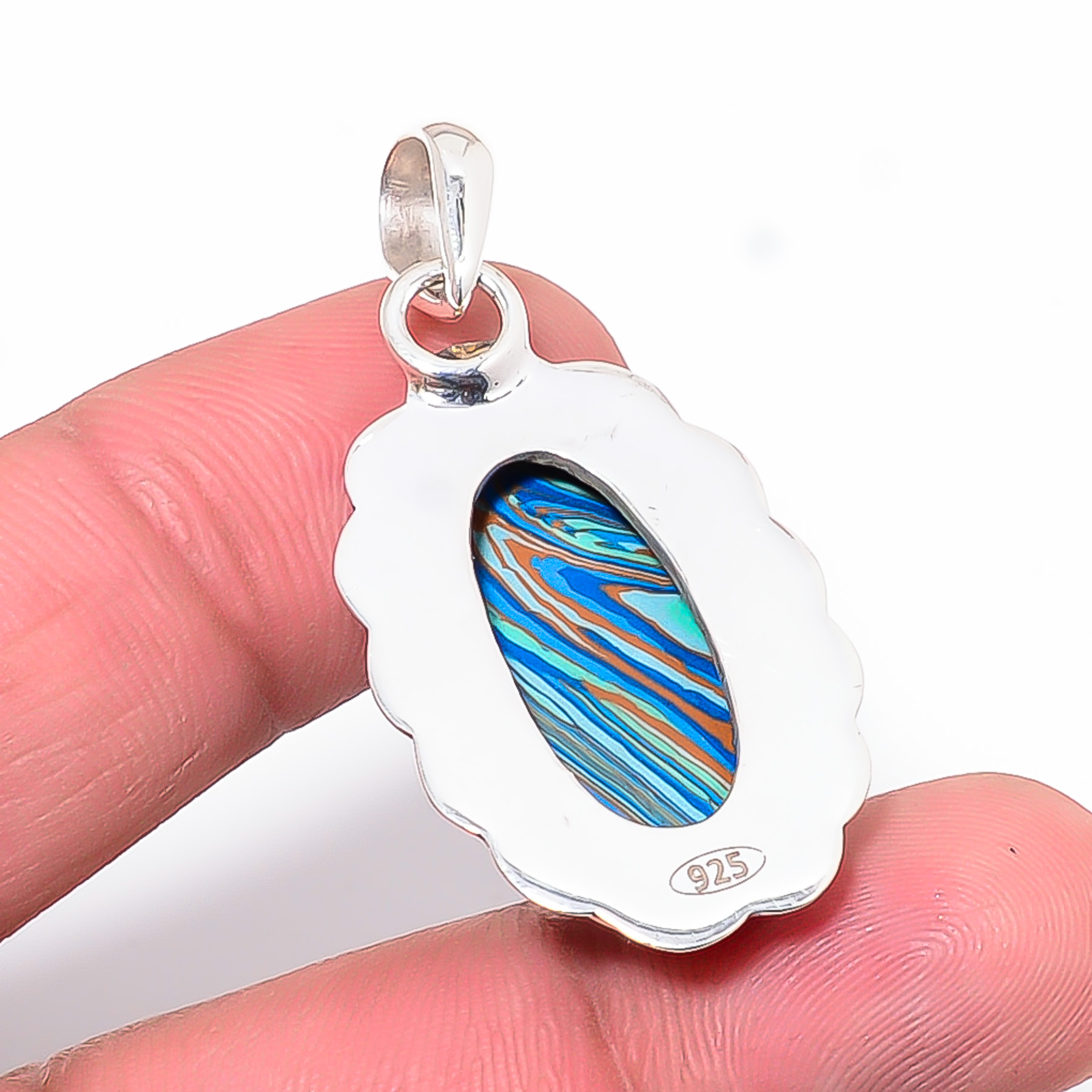 Blue Rainbow Calsilica - Simulated 925 Solid Sterling Silver Pendant