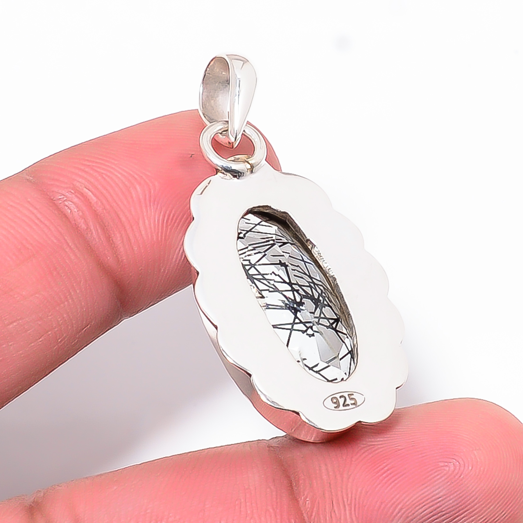 Black Rutilated Quartz - Simulated 925 Solid Sterling Silver Pendant