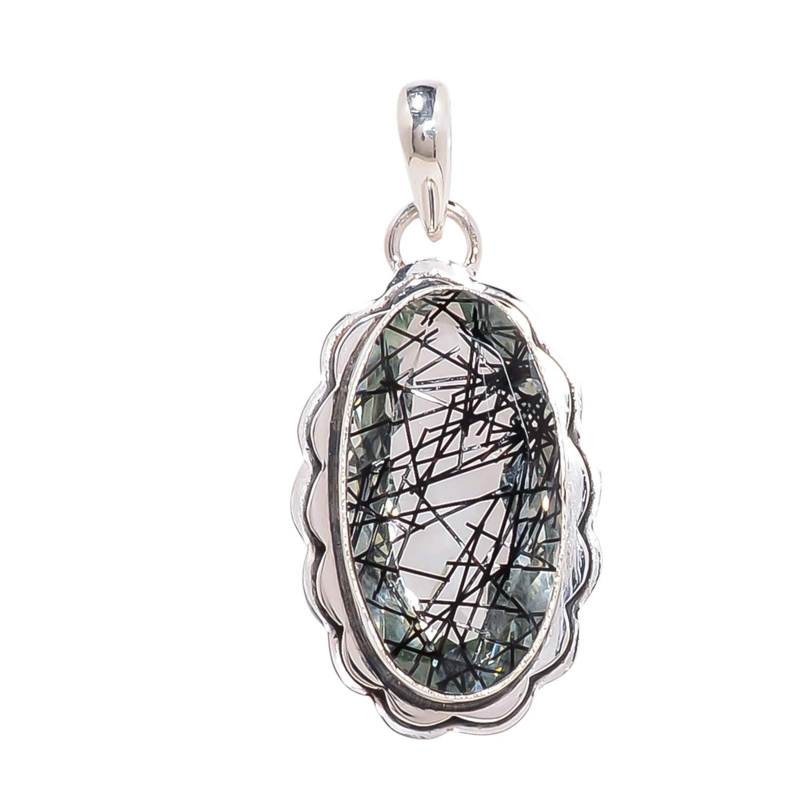 Black Rutilated Quartz - Simulated 925 Solid Sterling Silver Pendant