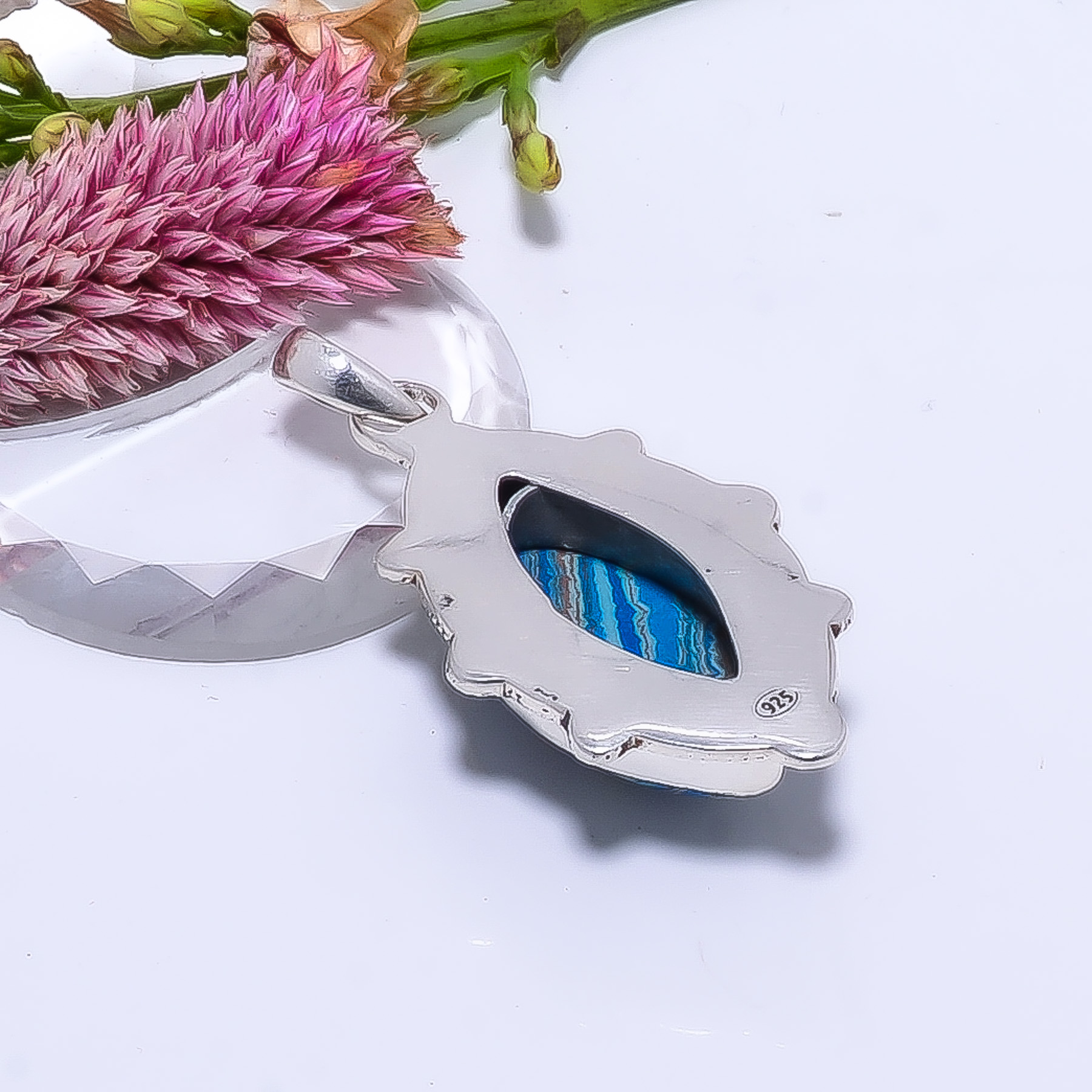 Blue Rainbow Calsilica - Simulated 925 Solid Sterling Silver Pendant