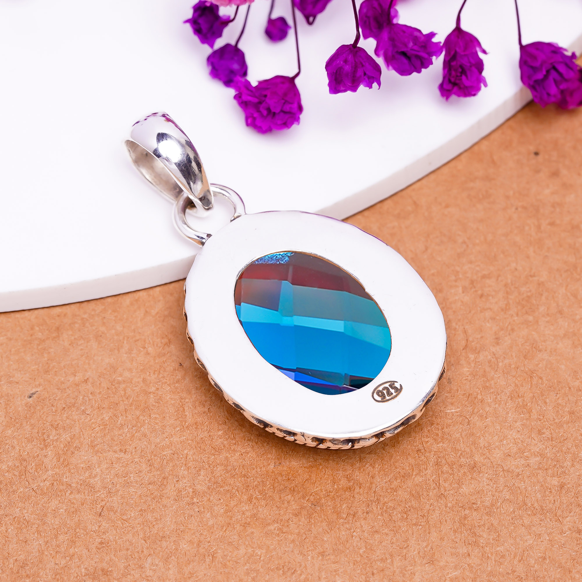 Black Rainbow Mystic Fire Topaz - Simulated 925 Solid Sterling Silver Pendant