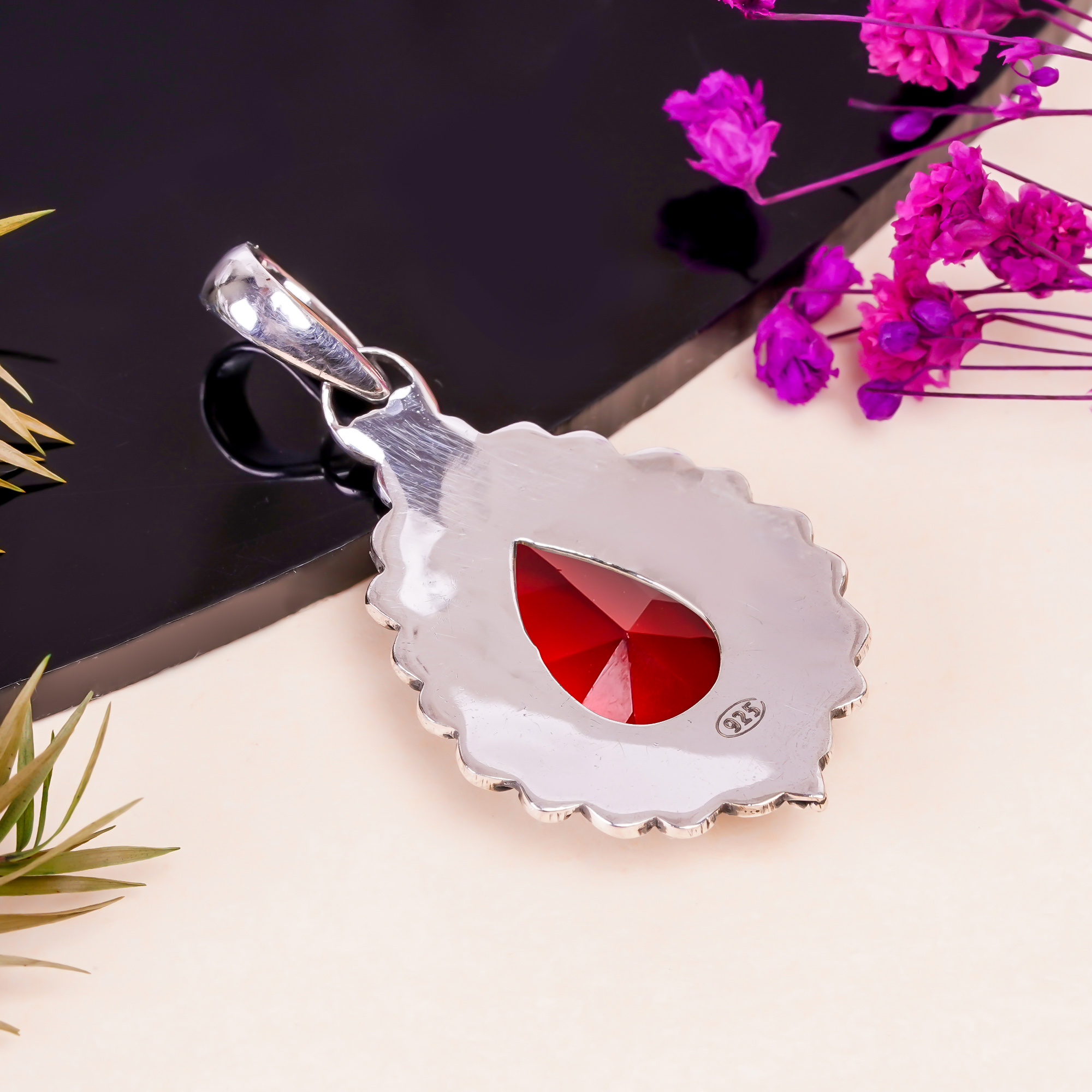 Red Garnet - Simulated 925 Solid Sterling Silver Pendant