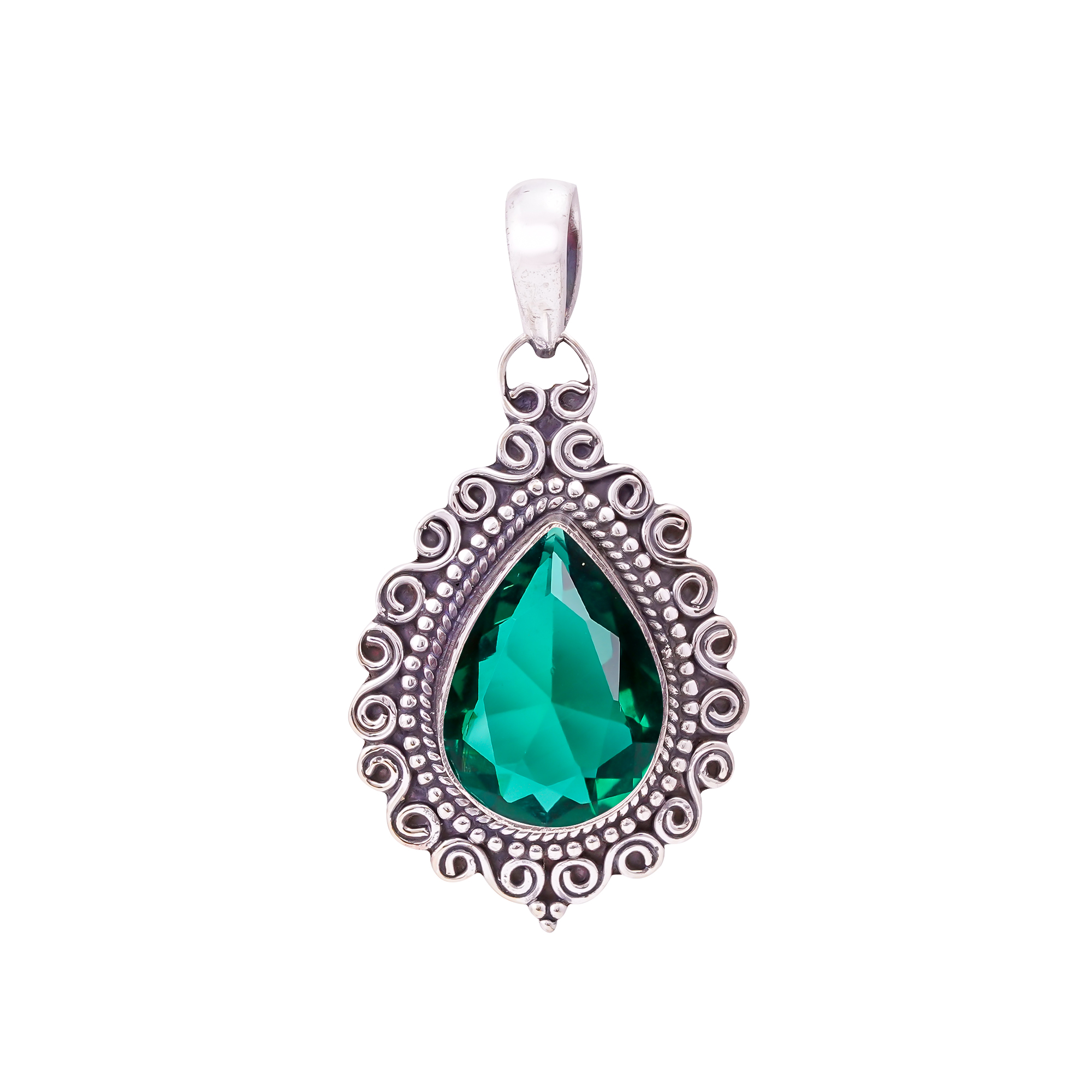 Emerald Simulated 925 Solid Sterling Silver Pendant