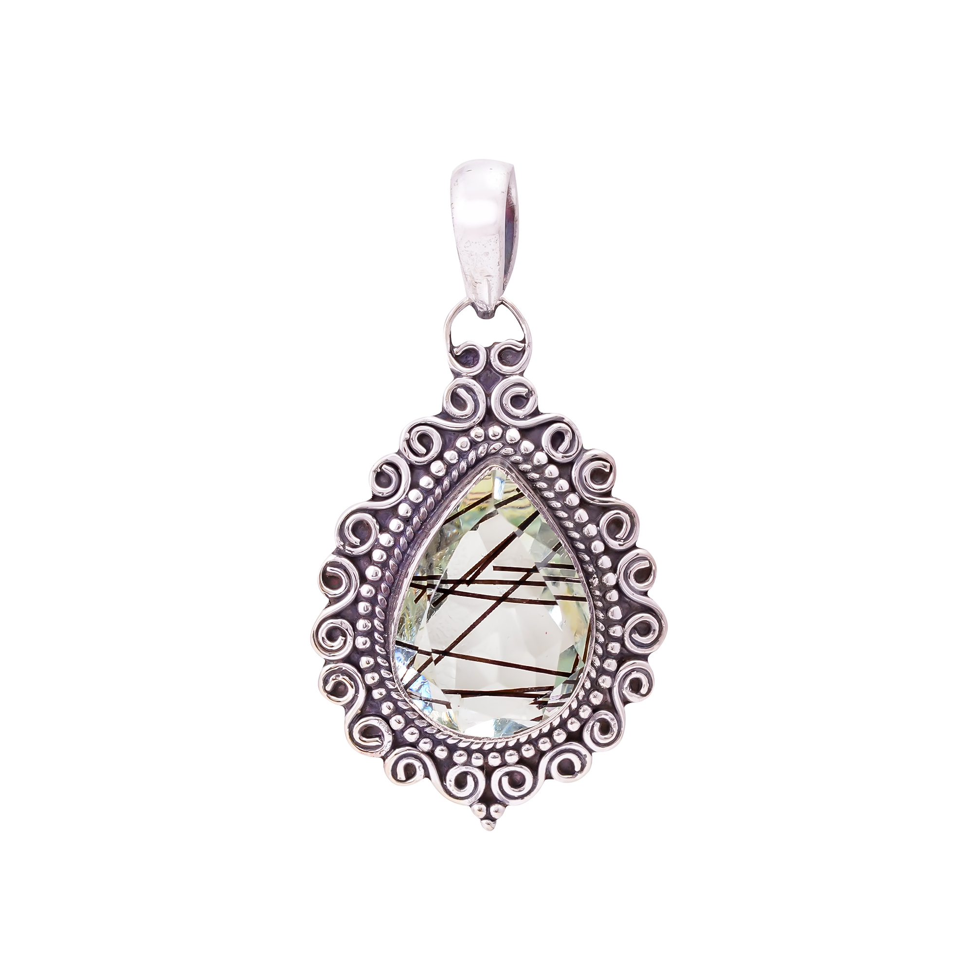 Black Rutilated Quartz - Simulated 925 Solid Sterling Silver Pendant
