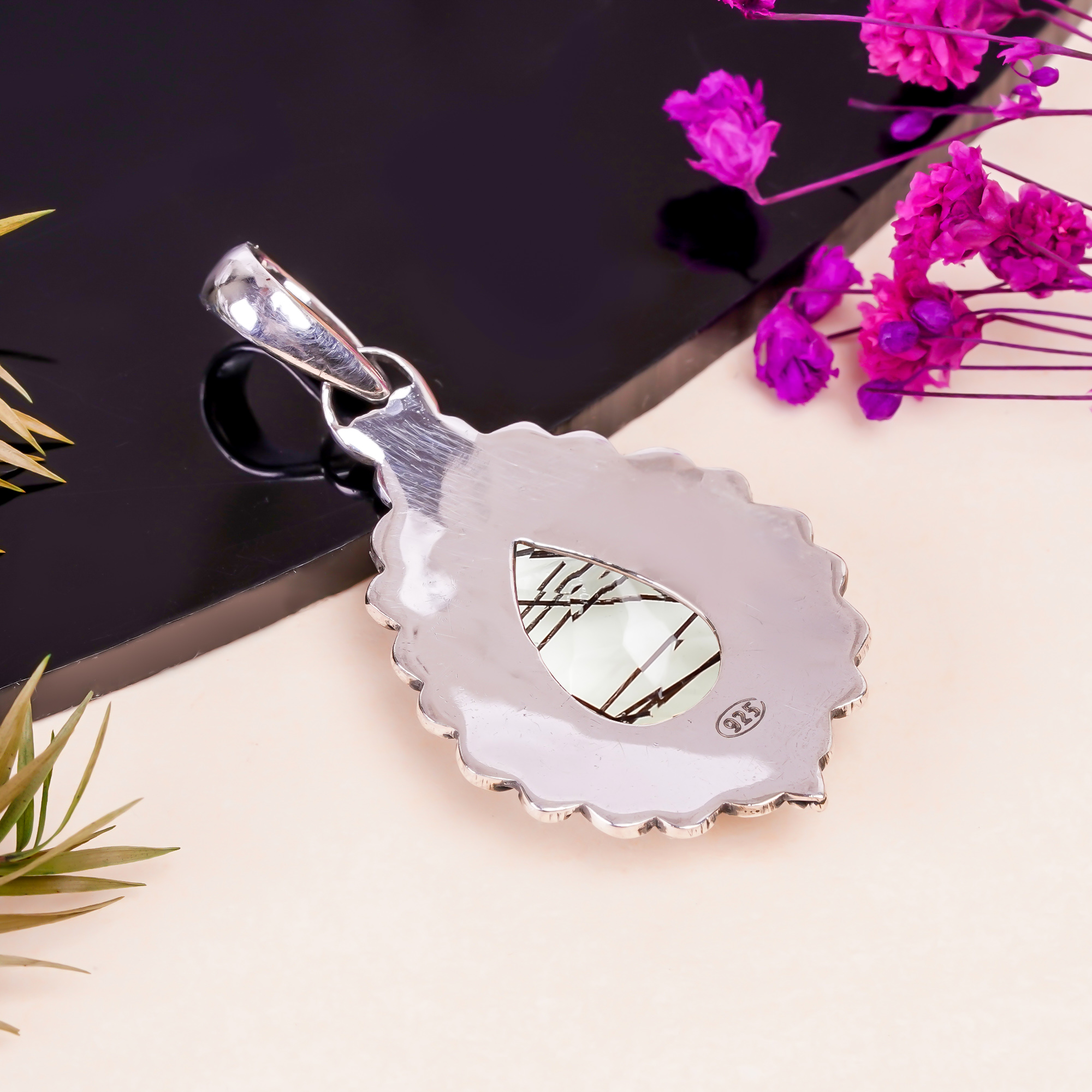 Black Rutilated Quartz - Simulated 925 Solid Sterling Silver Pendant