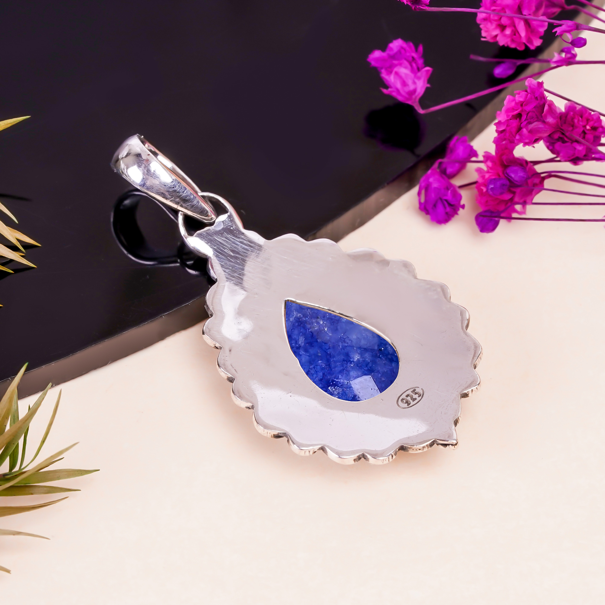 Blue Sapphire - Dyed Quartz 925 Solid Sterling Silver Pendant
