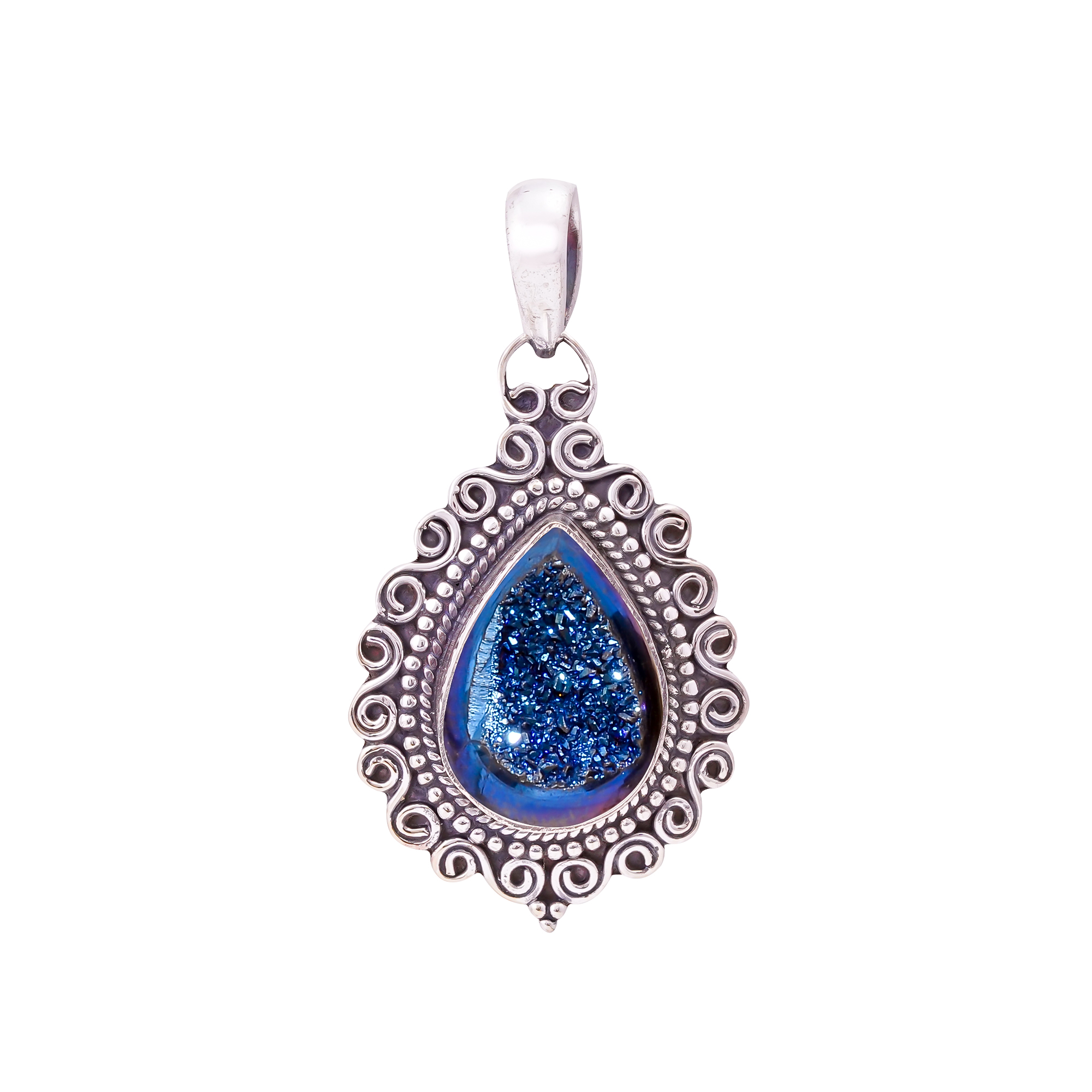 Electric Blue Titanium Agate Drusy 925 Solid Sterling Silver Pendant