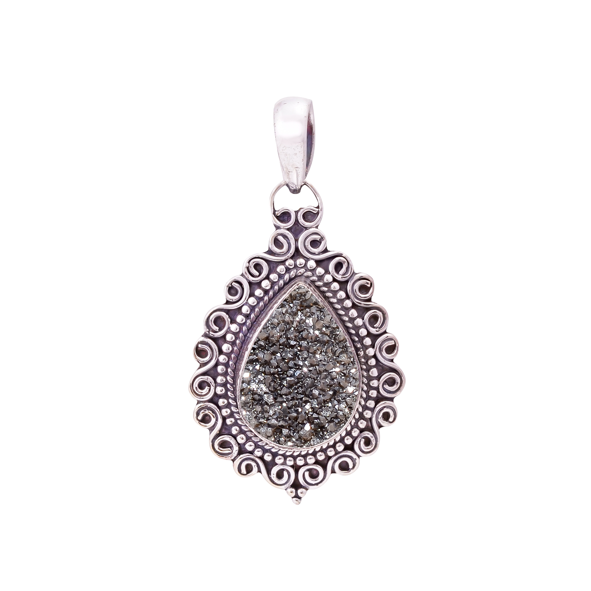 Black Titanium Agate Drusy 925 Solid Sterling Silver Pendant