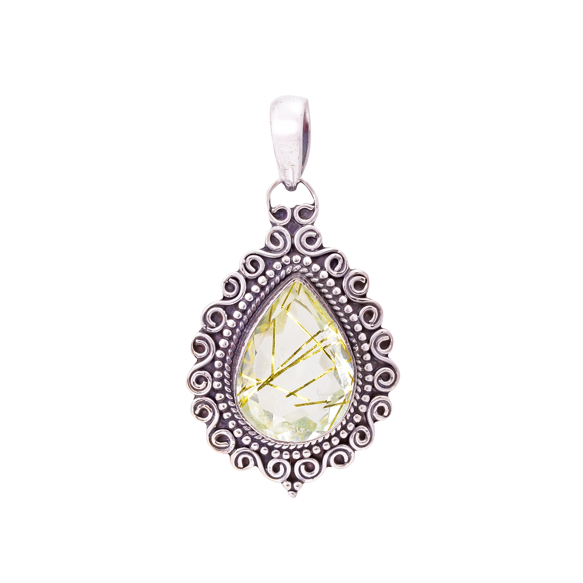 Golden Rutilated Quartz - Simulated 925 Solid Sterling Silver Pendant
