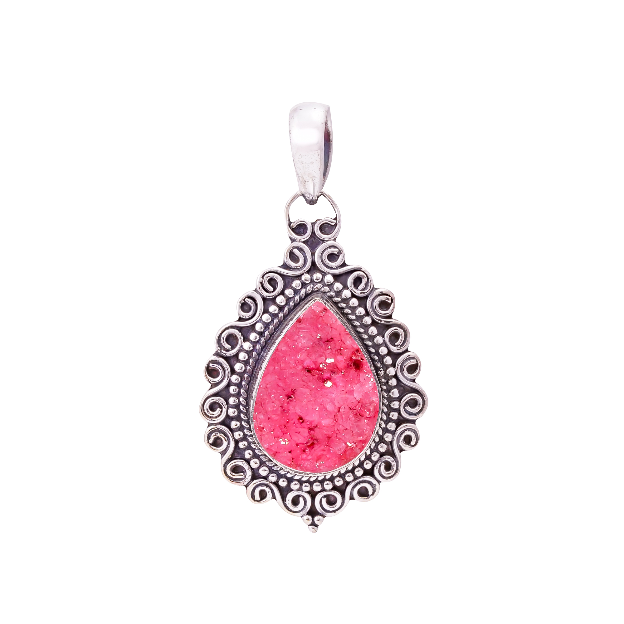 Pink Quartz Drusy - India 925 Solid Sterling Silver Pendant