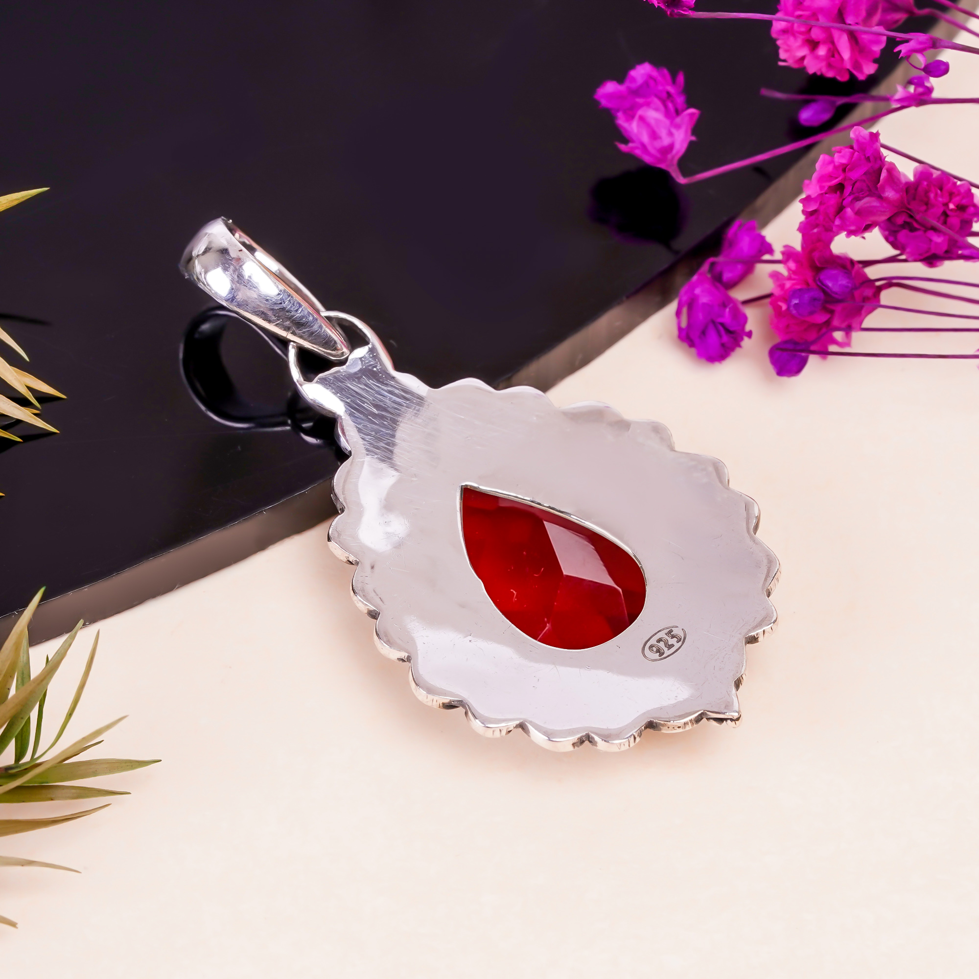Red Garnet - Simulated 925 Solid Sterling Silver Pendant