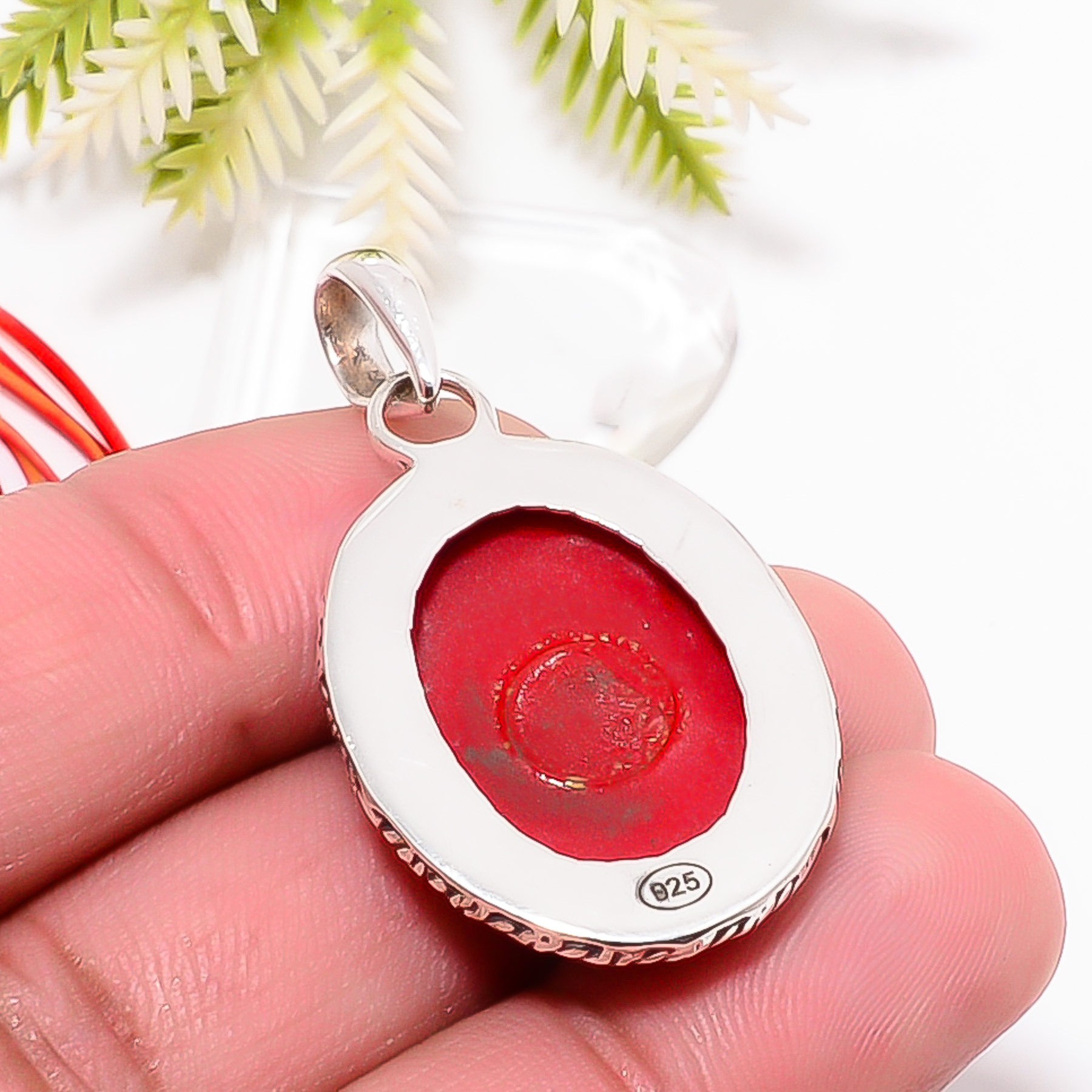 Red Coral - Simulated 925 Solid Sterling Silver Pendant