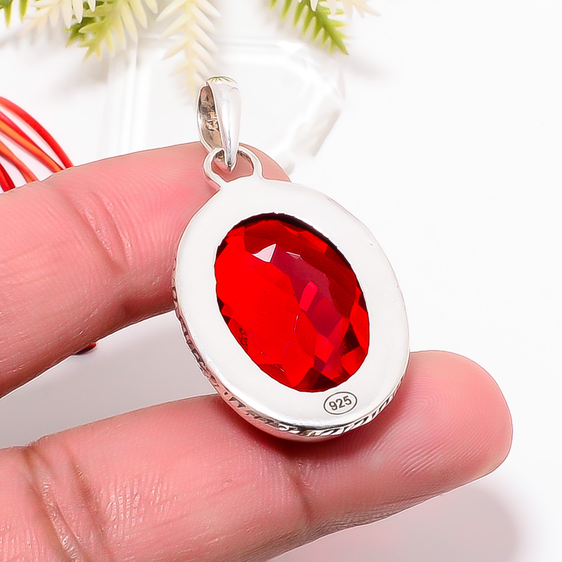 Red Garnet - Simulated 925 Solid Sterling Silver Pendant