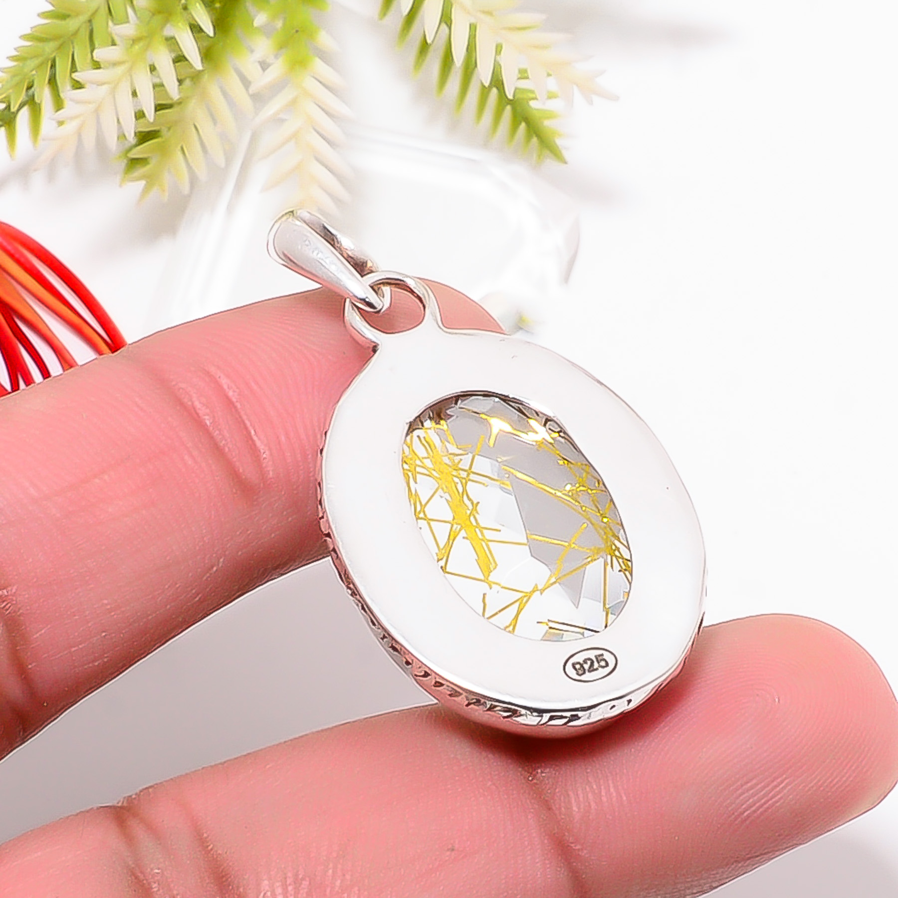 Golden Rutilated Quartz - Simulated 925 Solid Sterling Silver Pendant