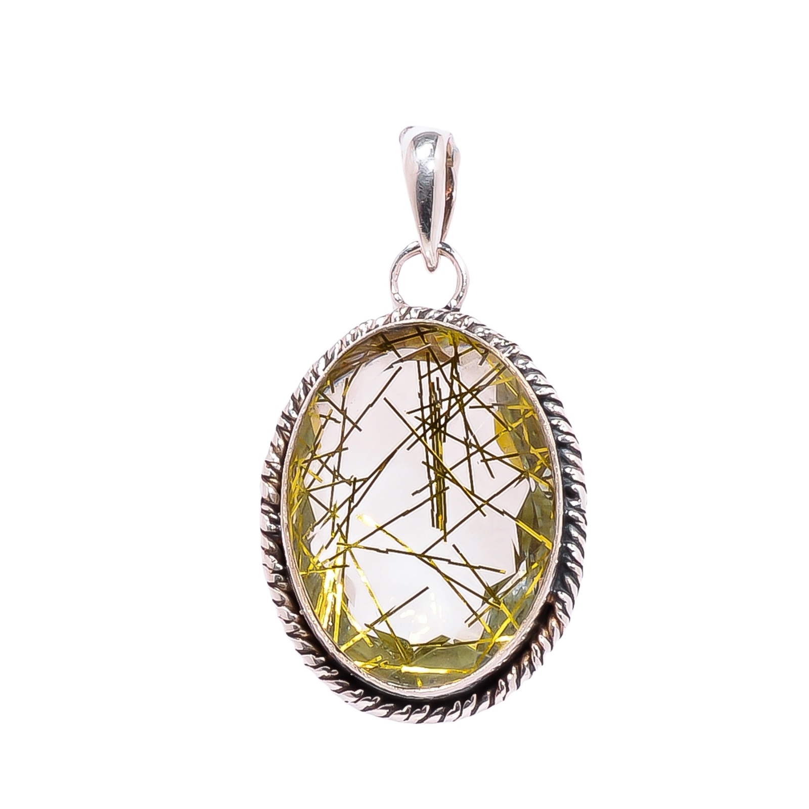 Golden Rutilated Quartz - Simulated 925 Solid Sterling Silver Pendant