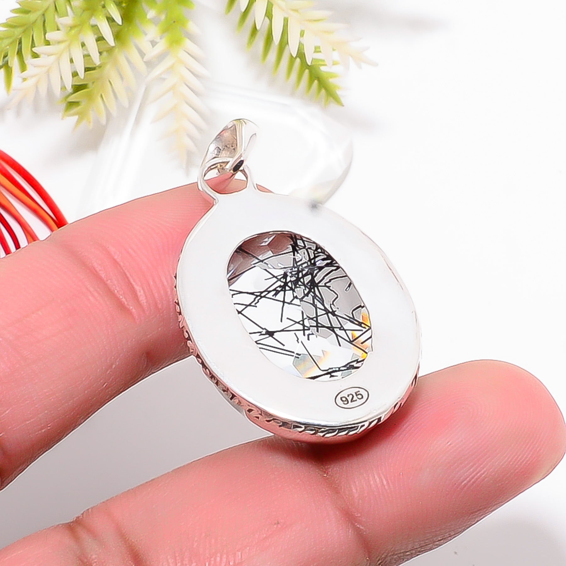 Black Rutilated Quartz - Simulated 925 Solid Sterling Silver Pendant