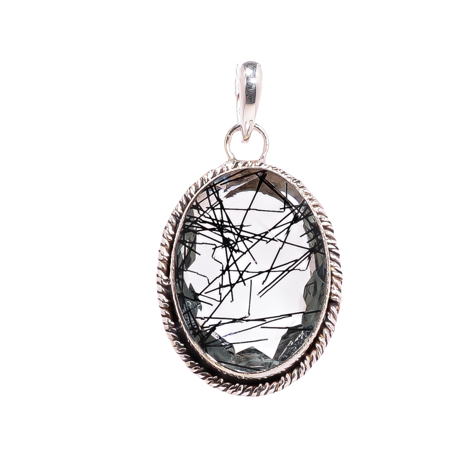 Black Rutilated Quartz - Simulated 925 Solid Sterling Silver Pendant
