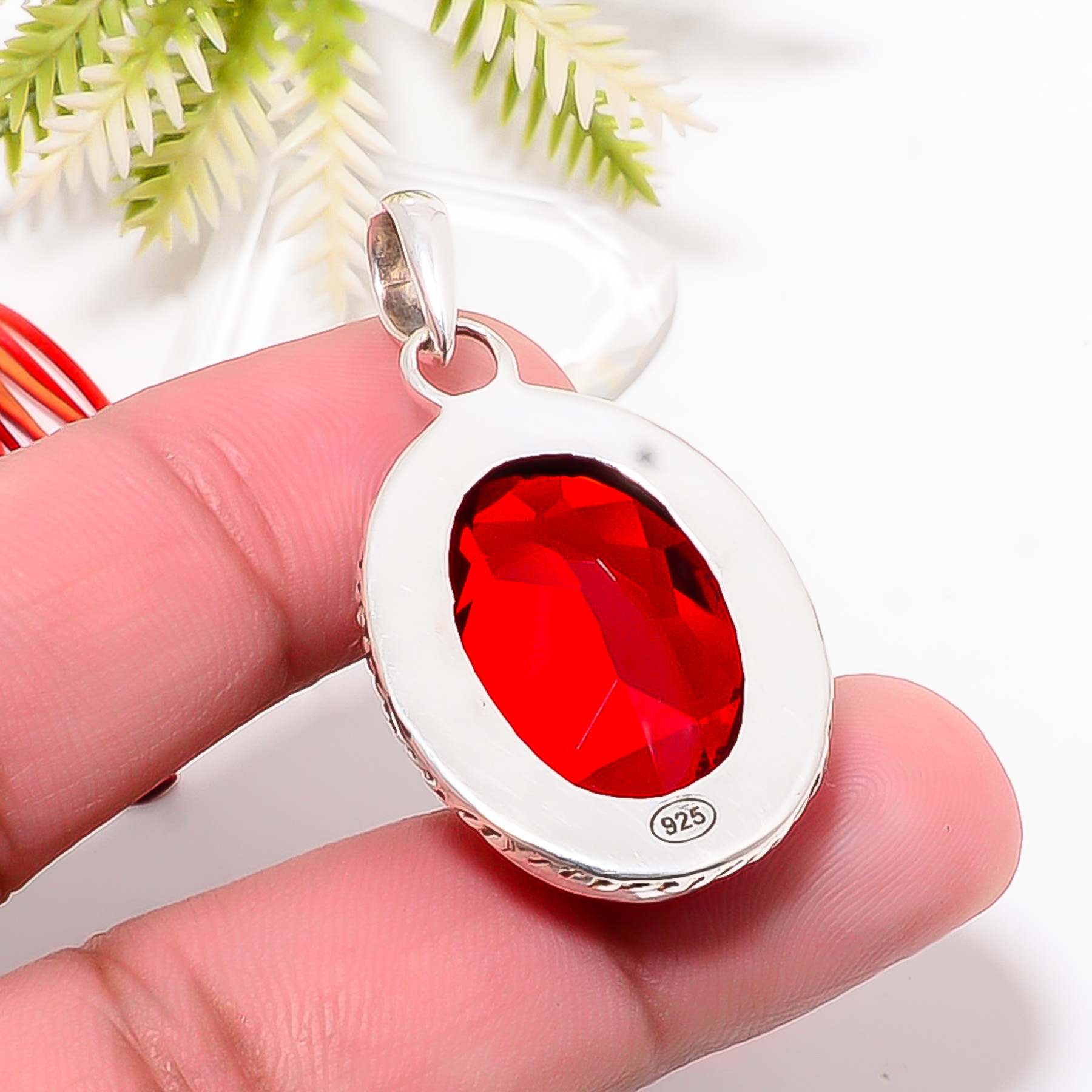 Red Garnet - Simulated 925 Solid Sterling Silver Pendant