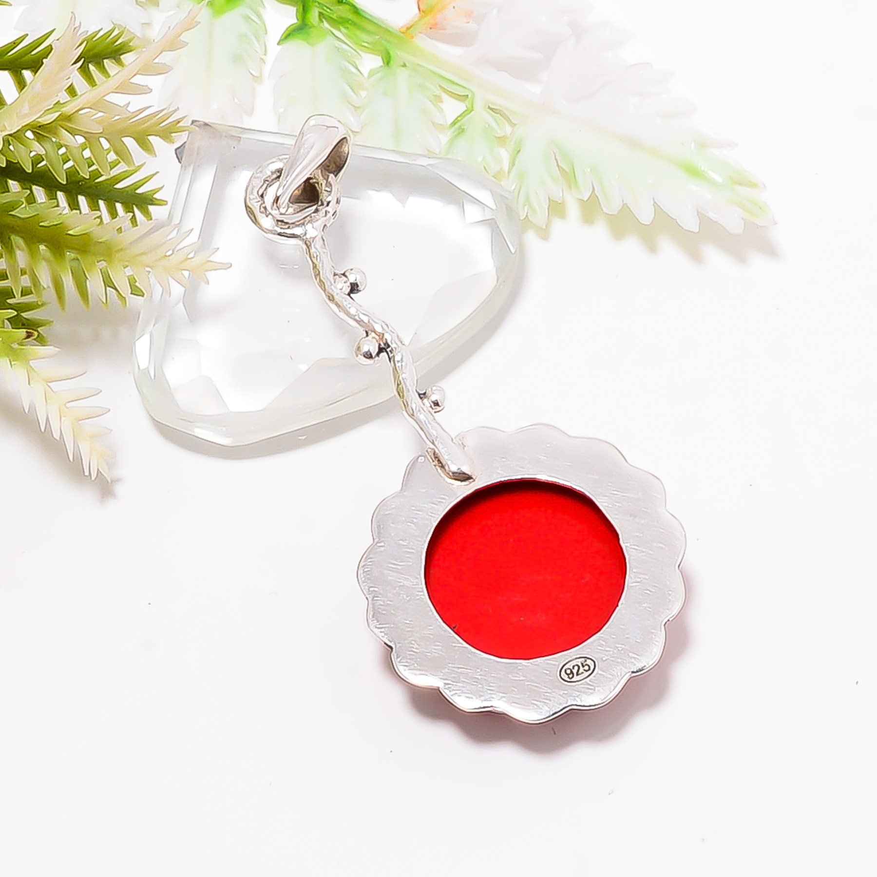 Red Coral - Simulated 925 Solid Sterling Silver Pendant
