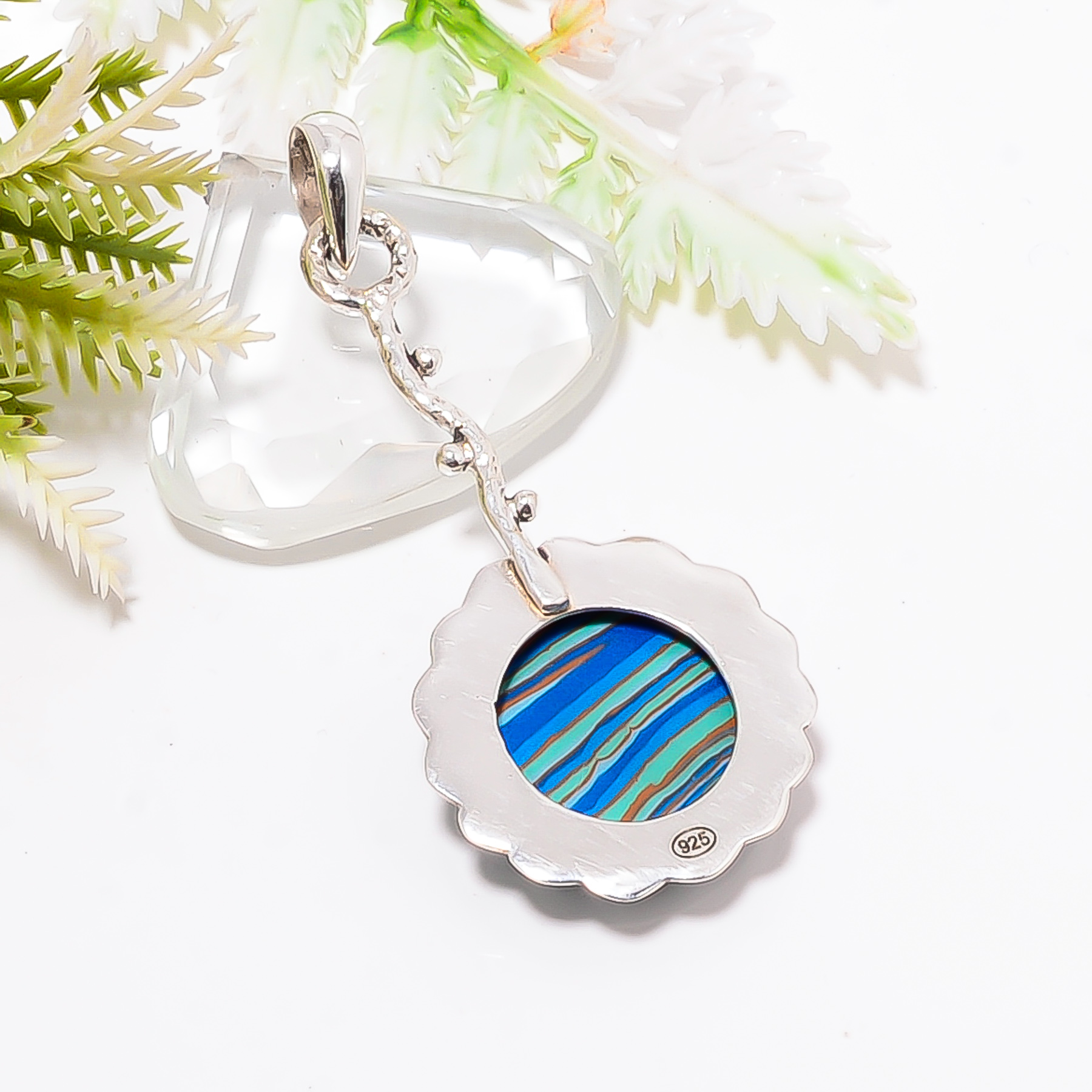 Blue Rainbow Calsilica - Simulated 925 Solid Sterling Silver Pendant