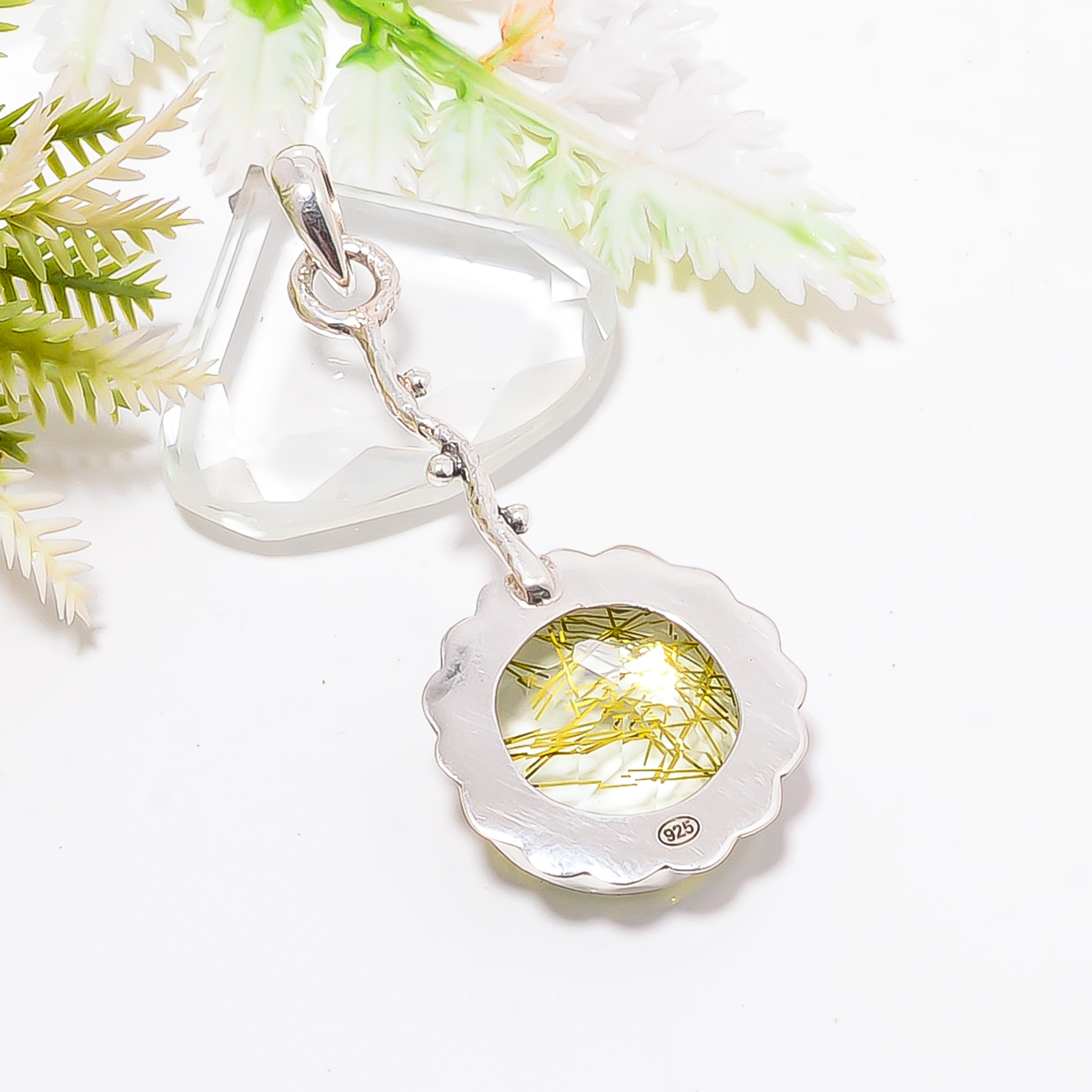 Golden Rutilated Quartz - Simulated 925 Solid Sterling Silver Pendant