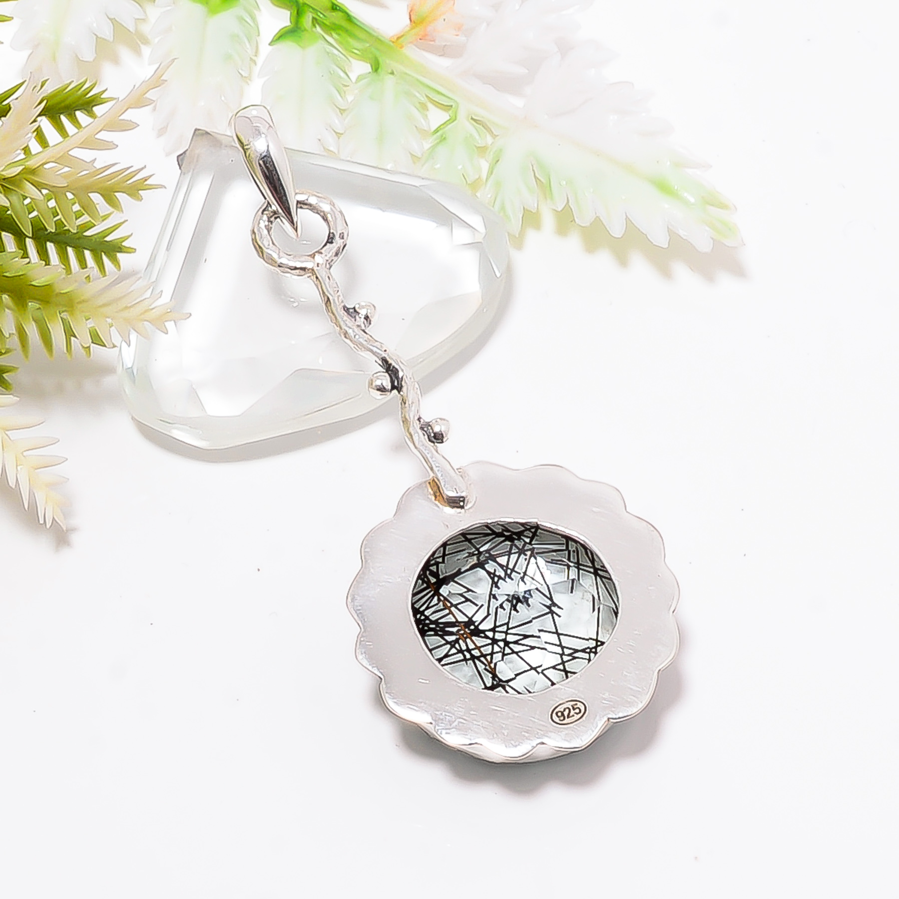 Black Rutilated Quartz - Simulated 925 Solid Sterling Silver Pendant
