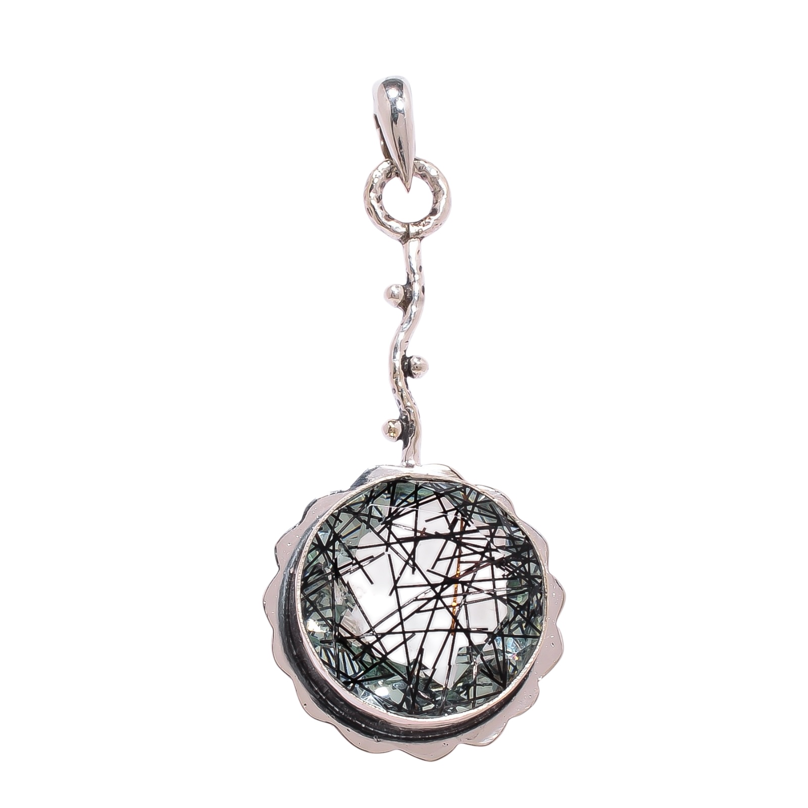 Black Rutilated Quartz - Simulated 925 Solid Sterling Silver Pendant
