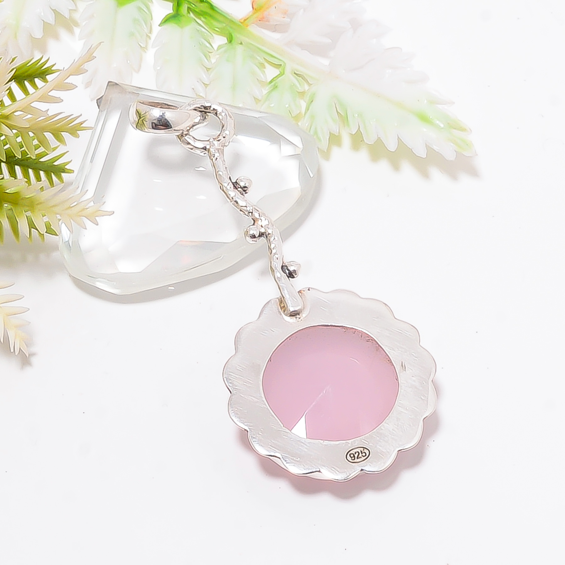 Milky Pink Opal - Simulated 925 Solid Sterling Silver Pendant