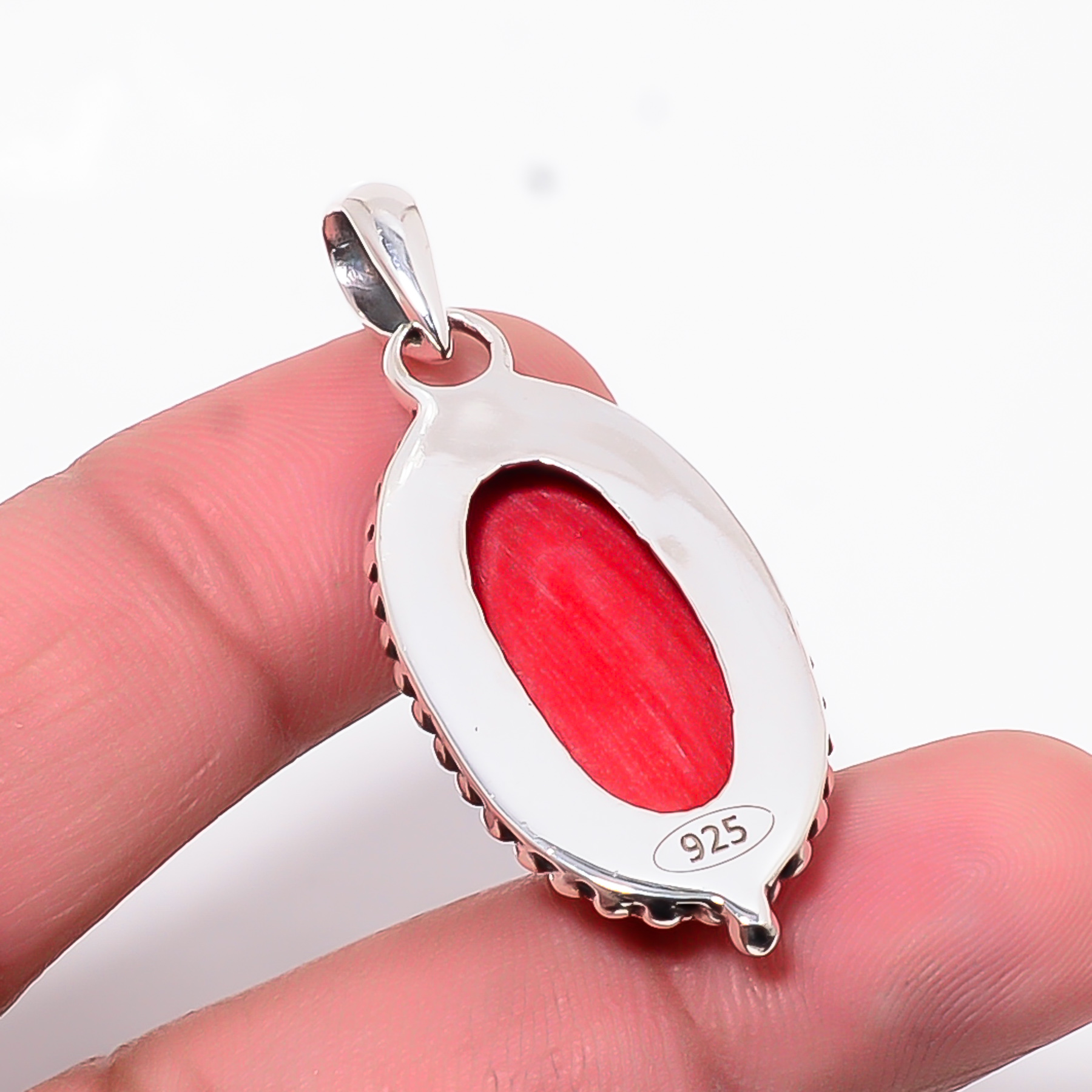 Red Coral - Simulated 925 Solid Sterling Silver Pendant