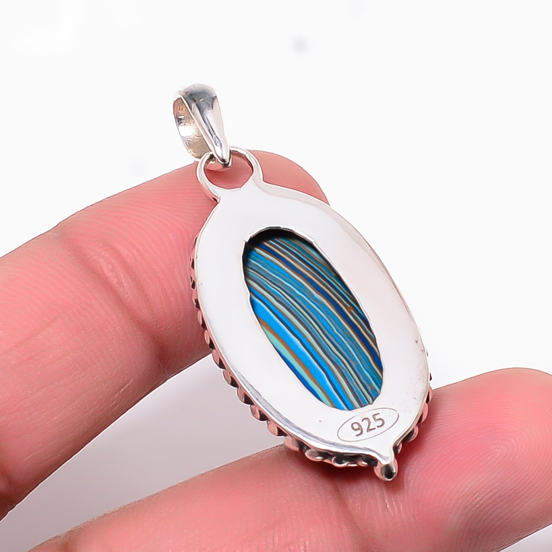 Blue Rainbow Calsilica - Simulated 925 Solid Sterling Silver Pendant