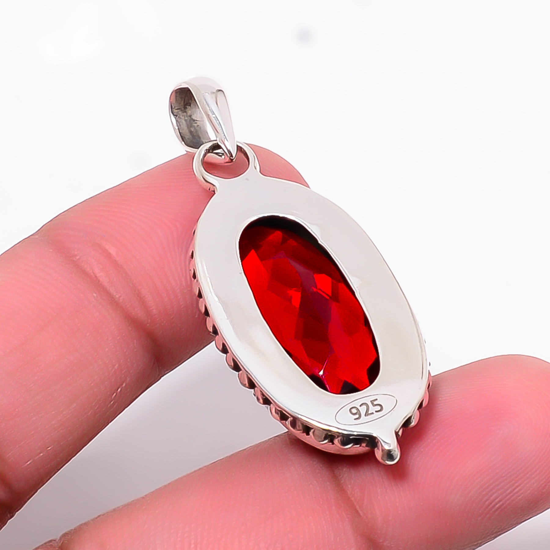 Red Garnet - Simulated 925 Solid Sterling Silver Pendant