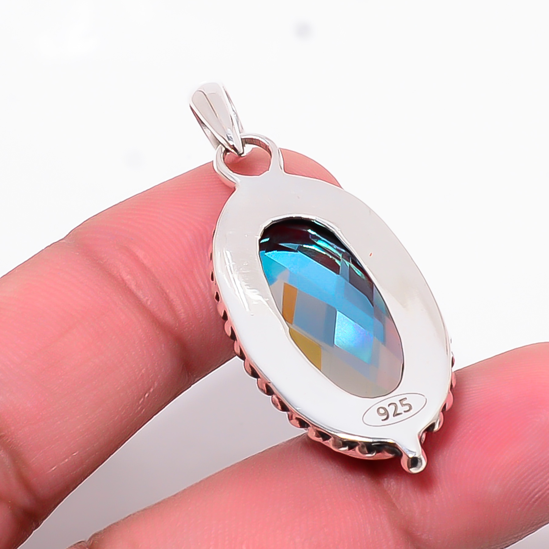 Black Rainbow Mystic Fire Topaz - Simulated 925 Solid Sterling Silver Pendant
