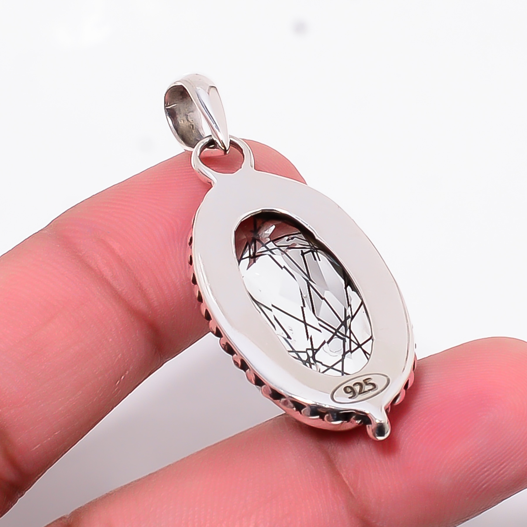 Black Rutilated Quartz - Simulated 925 Solid Sterling Silver Pendant