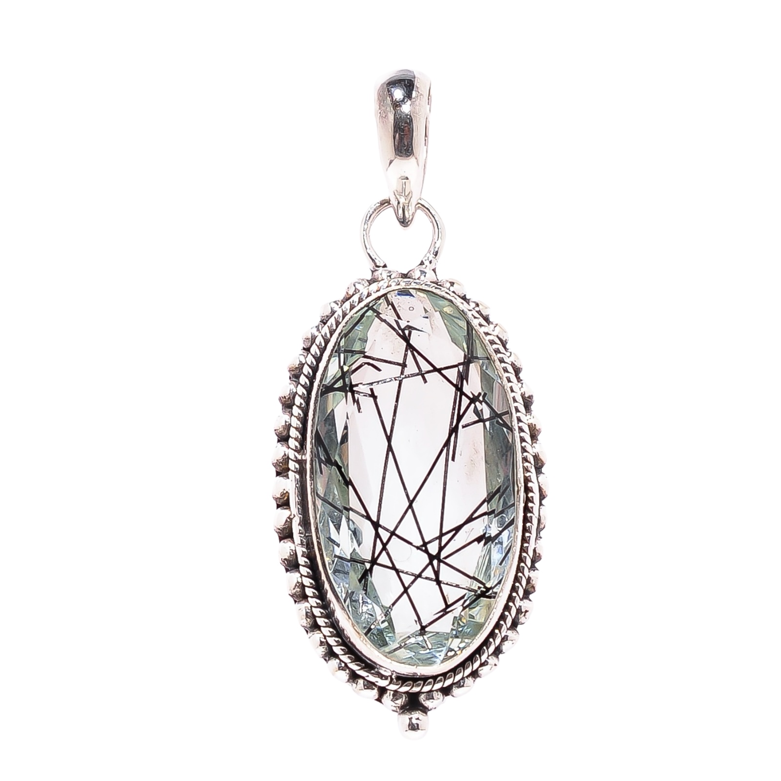 Black Rutilated Quartz - Simulated 925 Solid Sterling Silver Pendant