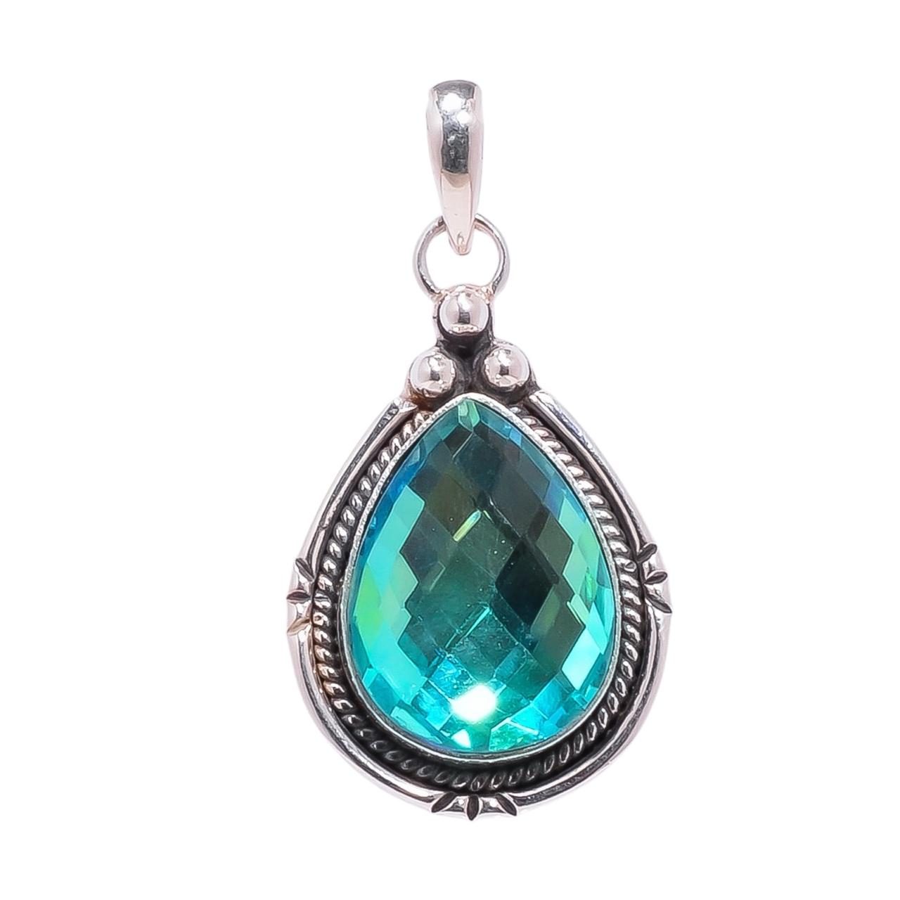 Black Rainbow Mystic Fire Topaz - Simulated 925 Solid Sterling Silver Pendant