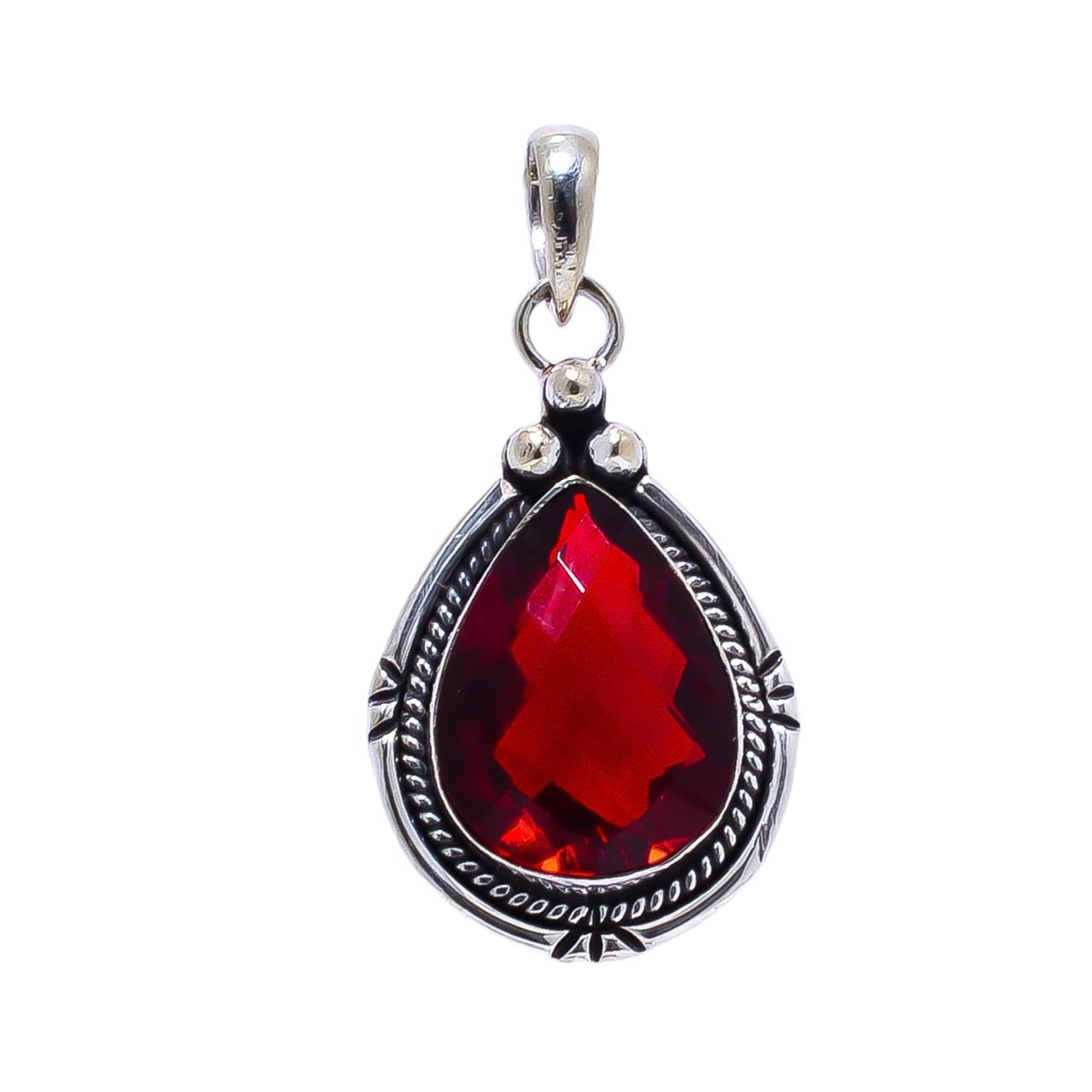 Red Garnet - Simulated 925 Solid Sterling Silver Pendant