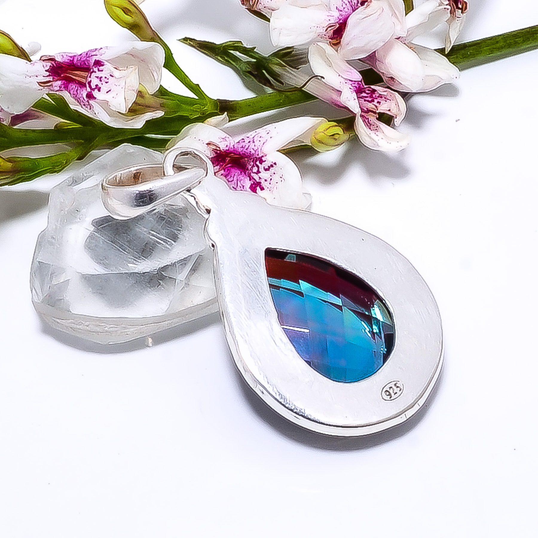 Black Rainbow Mystic Fire Topaz - Simulated 925 Solid Sterling Silver Pendant
