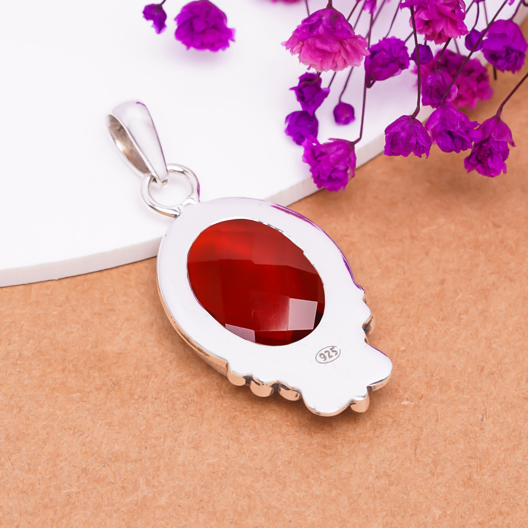 Red Garnet - Simulated 925 Solid Sterling Silver Pendant