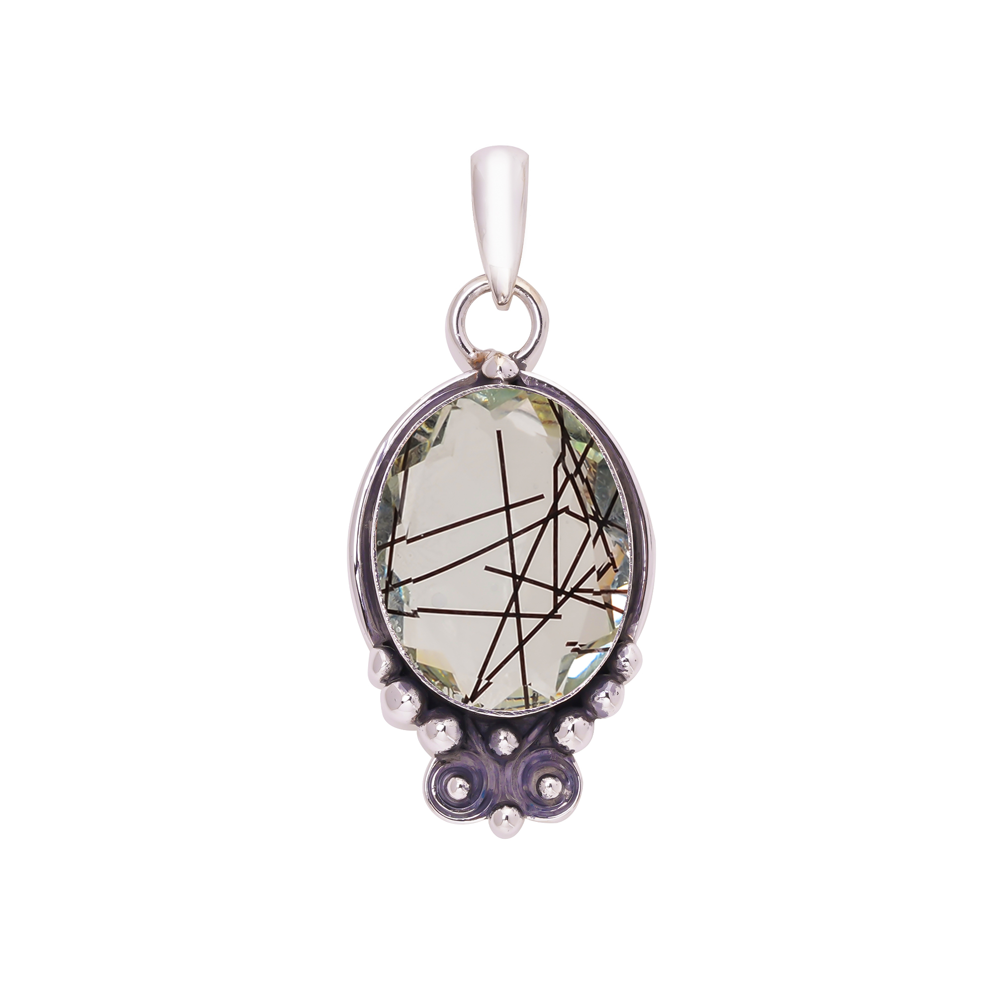 Black Rutilated Quartz - Simulated 925 Solid Sterling Silver Pendant