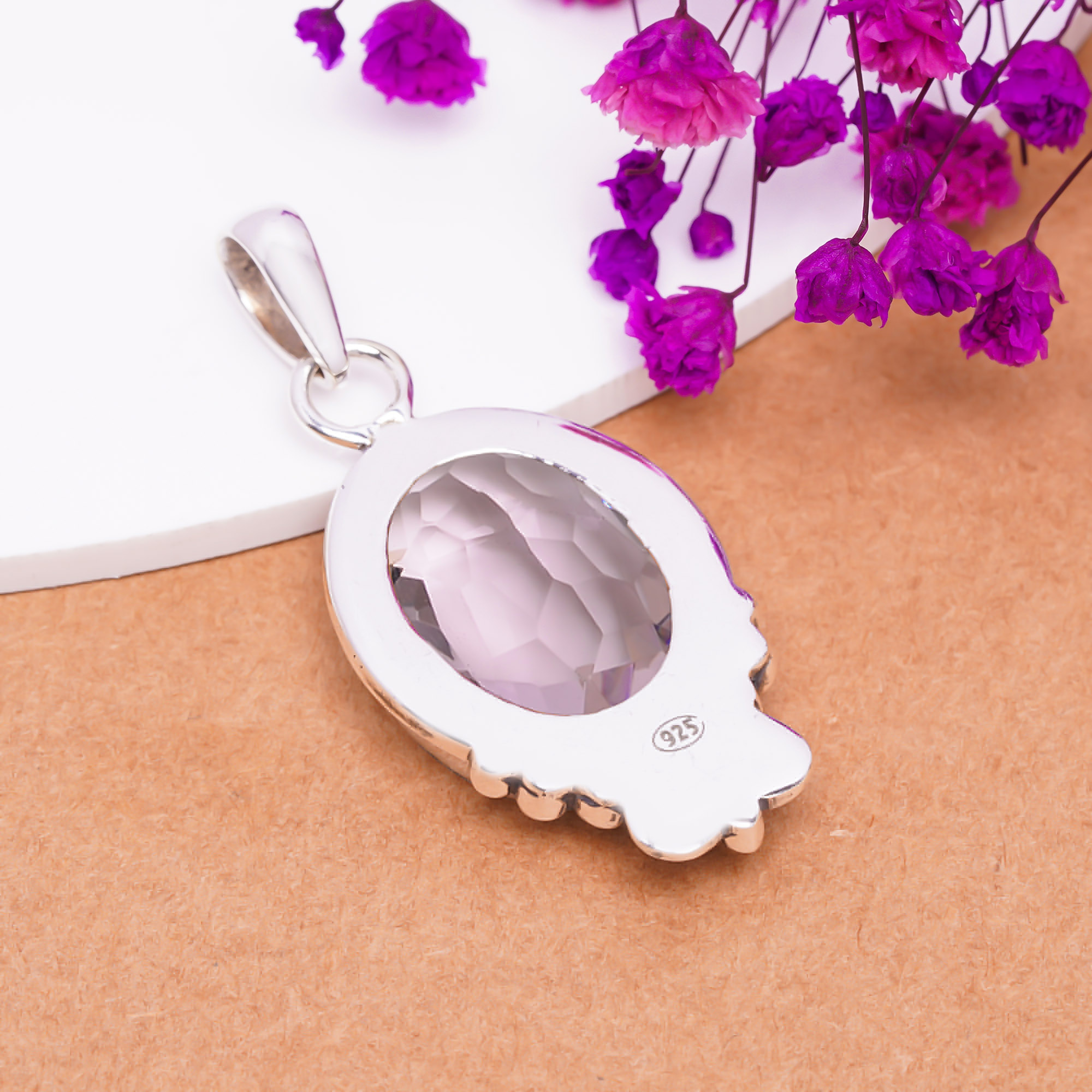 Pink Kunzite - Simulated 925 Solid Sterling Silver Pendant