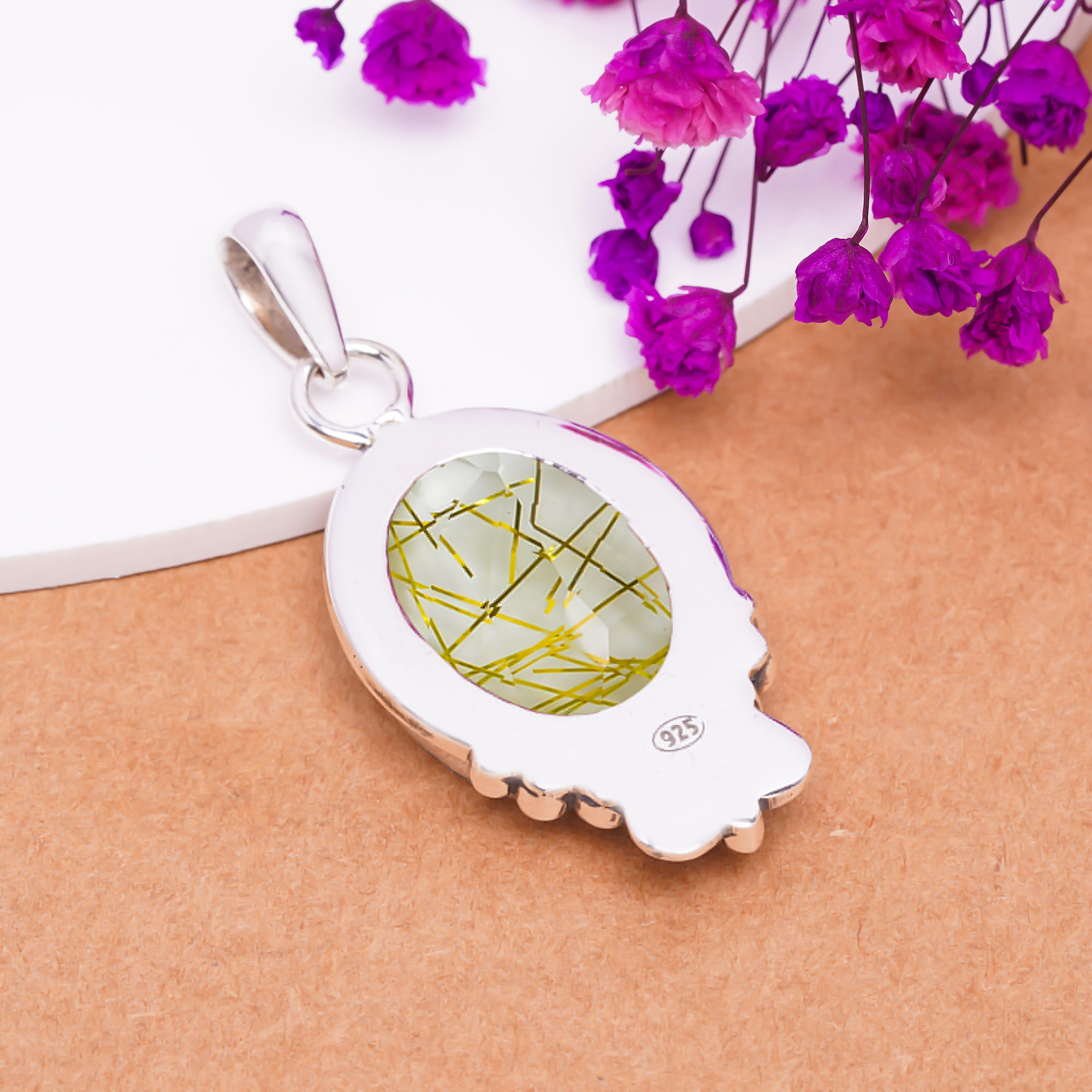 Golden Rutilated Quartz - Simulated 925 Solid Sterling Silver Pendant