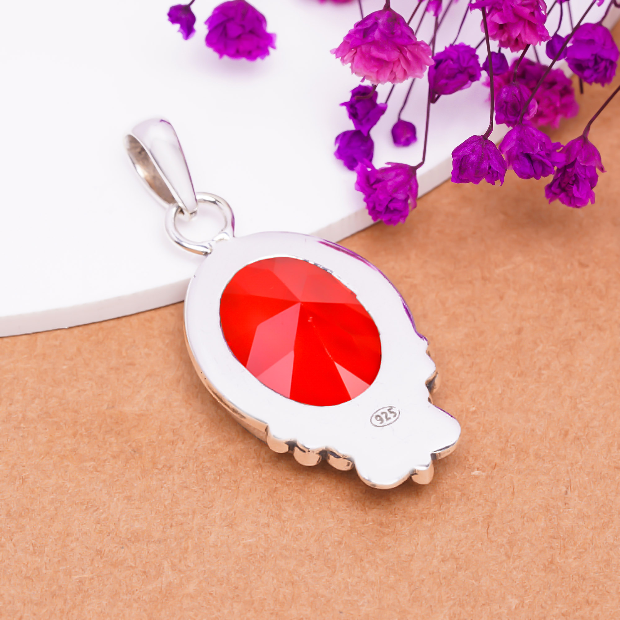 Red Garnet - Simulated 925 Solid Sterling Silver Pendant
