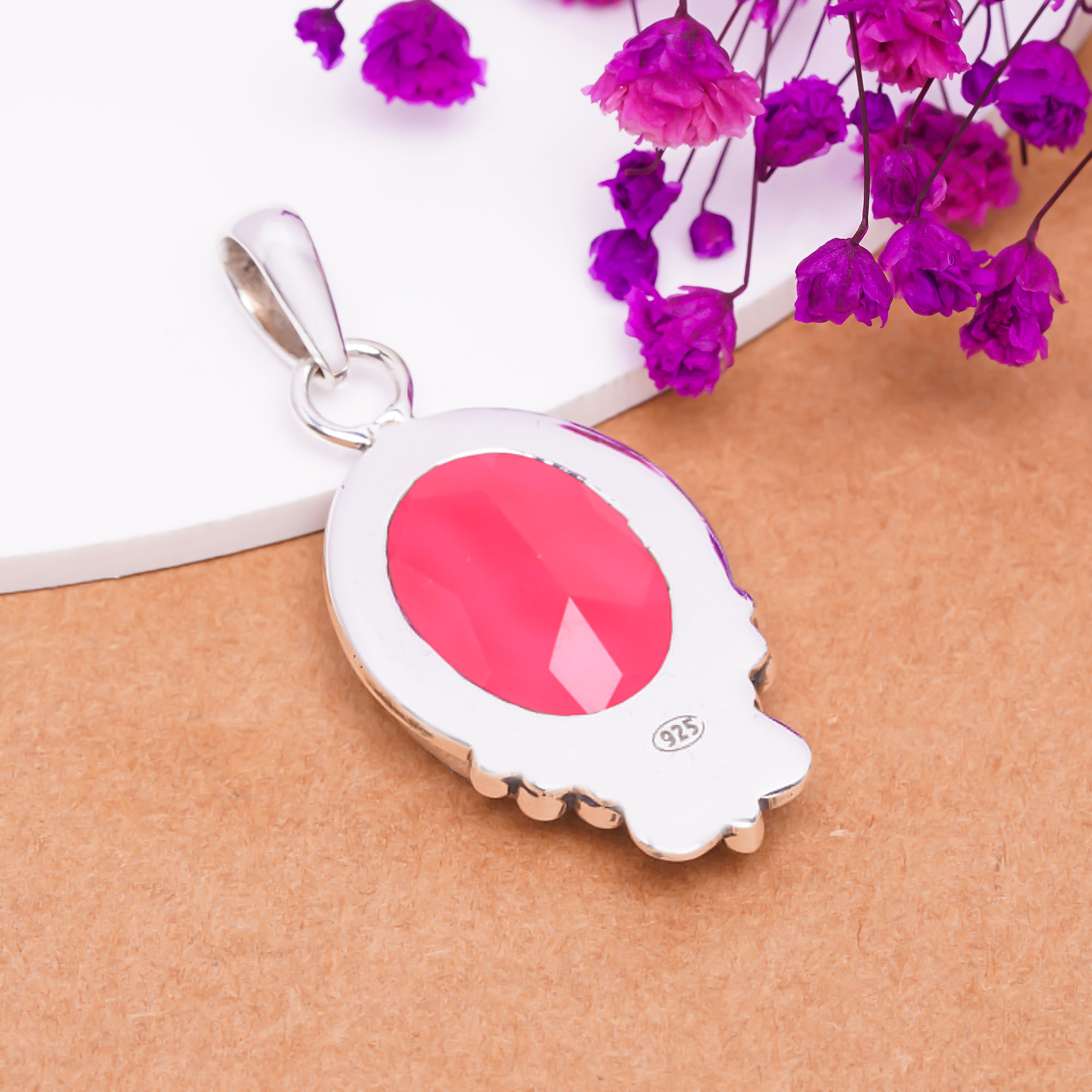Pink Rubellite Tourmaline - Simulated 925 Solid Sterling Silver Pendant