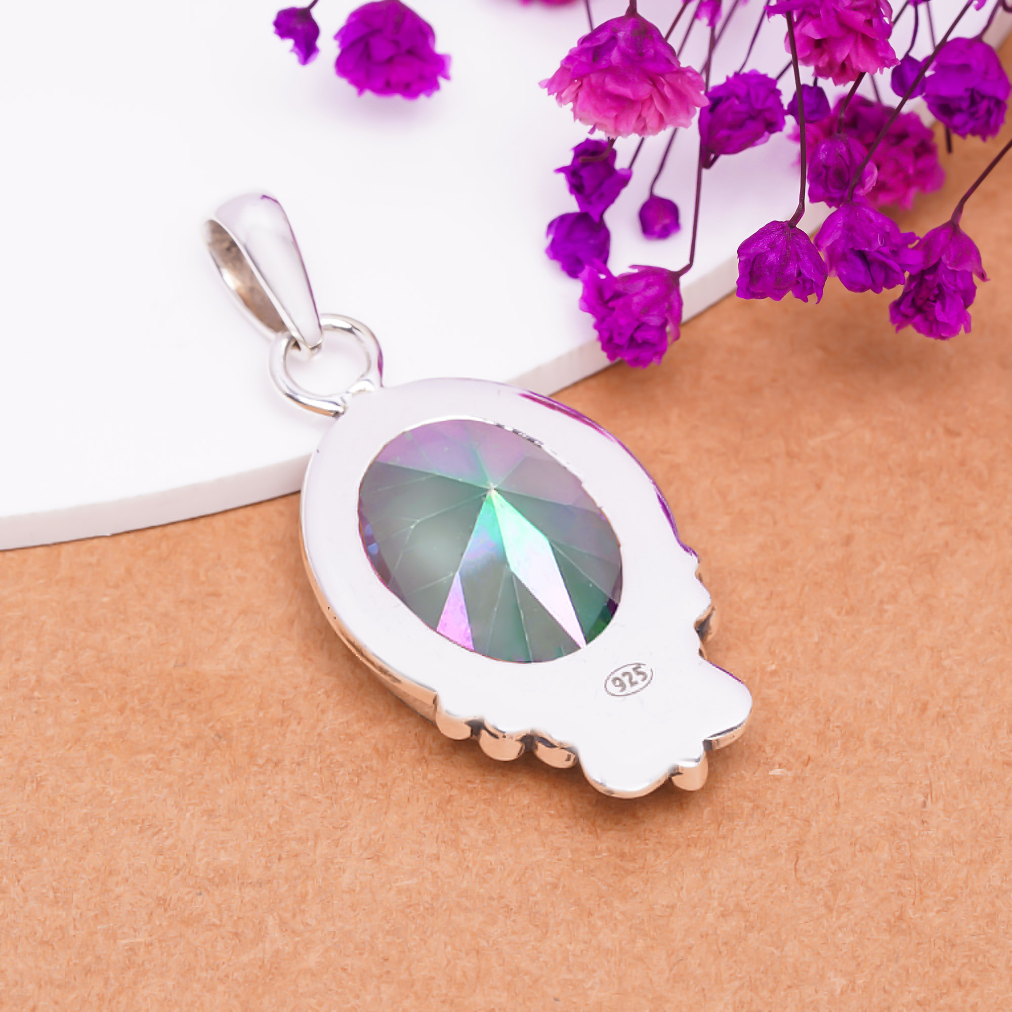 Rainbow Mystic Fire Topaz - Simulated 925 Solid Sterling Silver Pendant