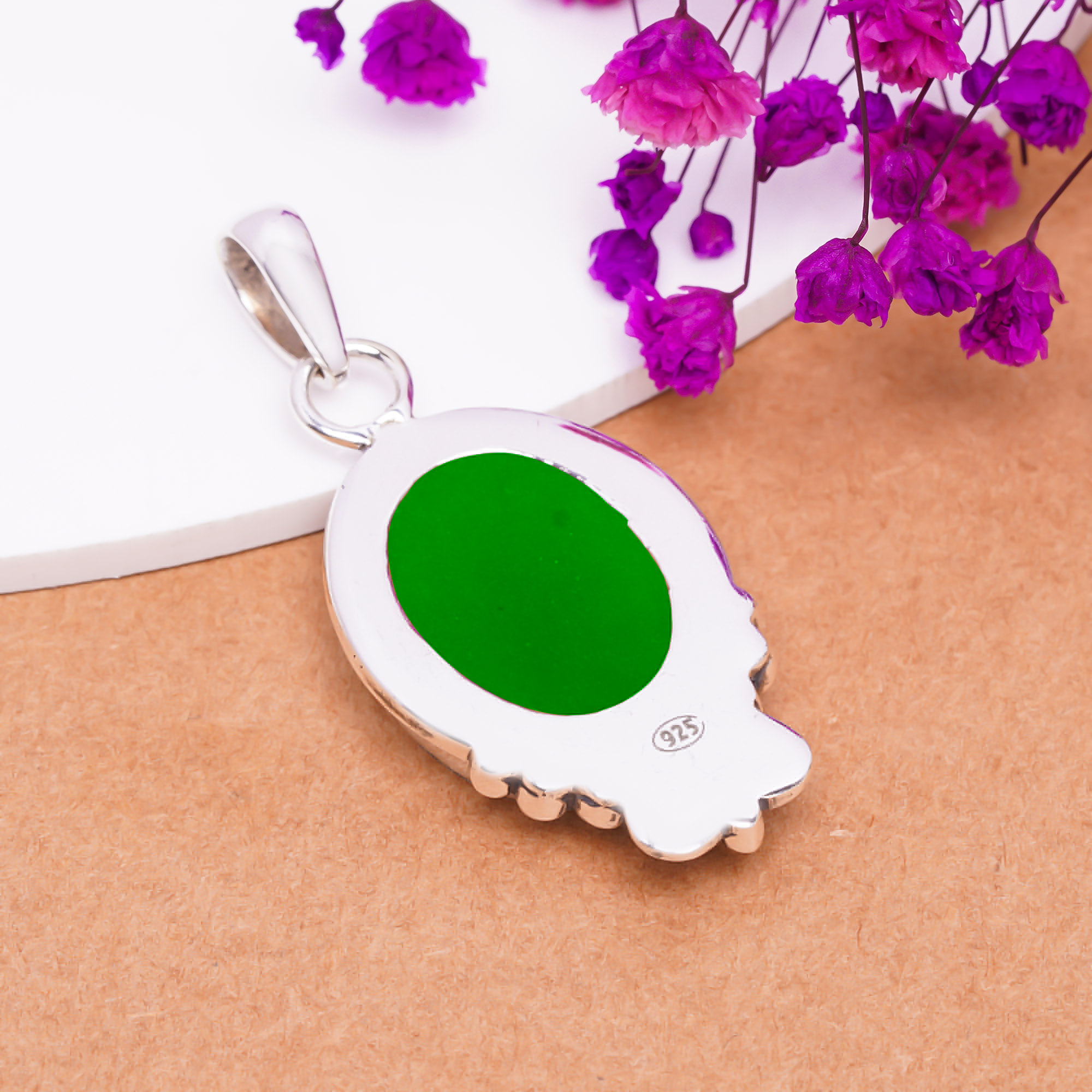 Emerald Simulated 925 Solid Sterling Silver Pendant