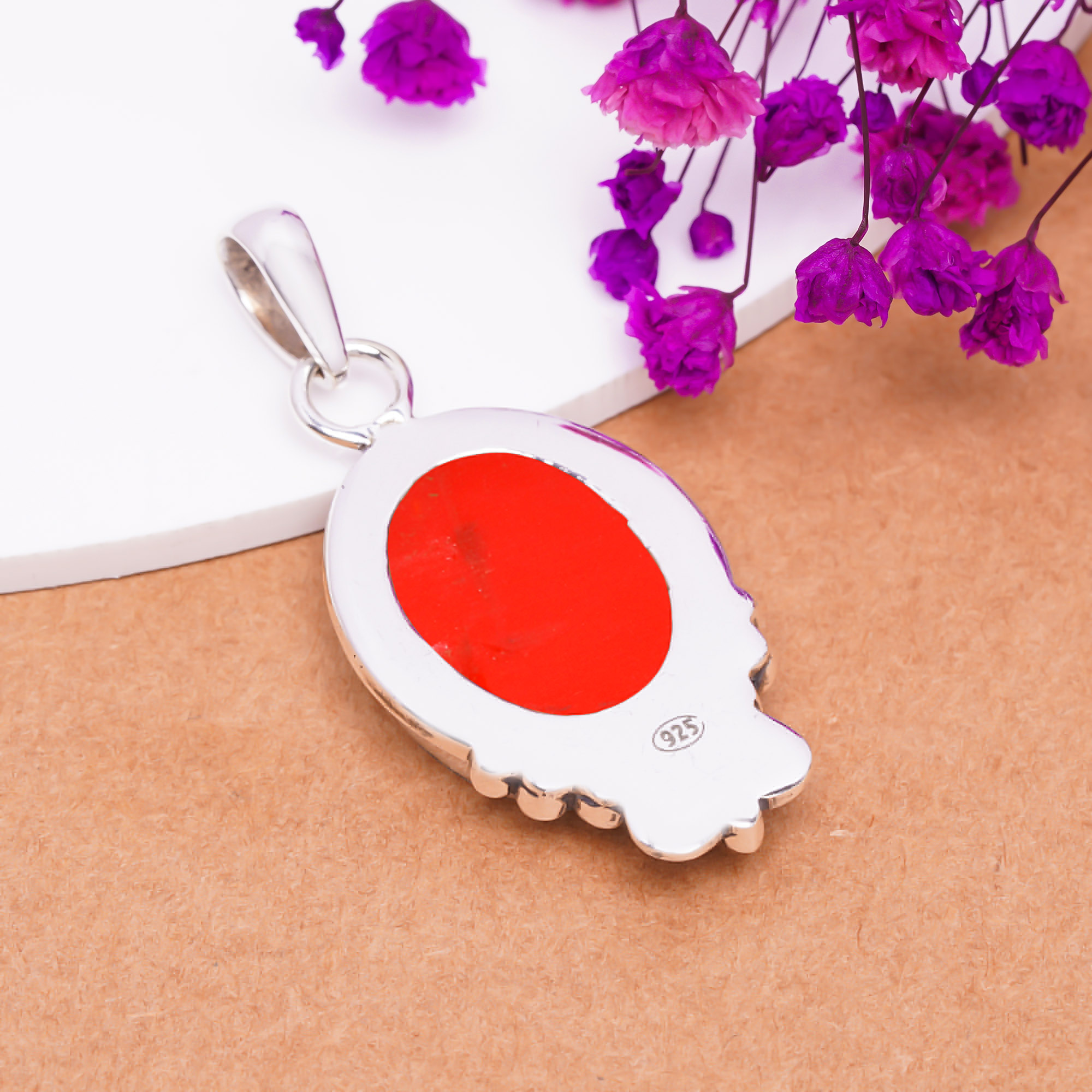 Red Coral - Simulated 925 Solid Sterling Silver Pendant