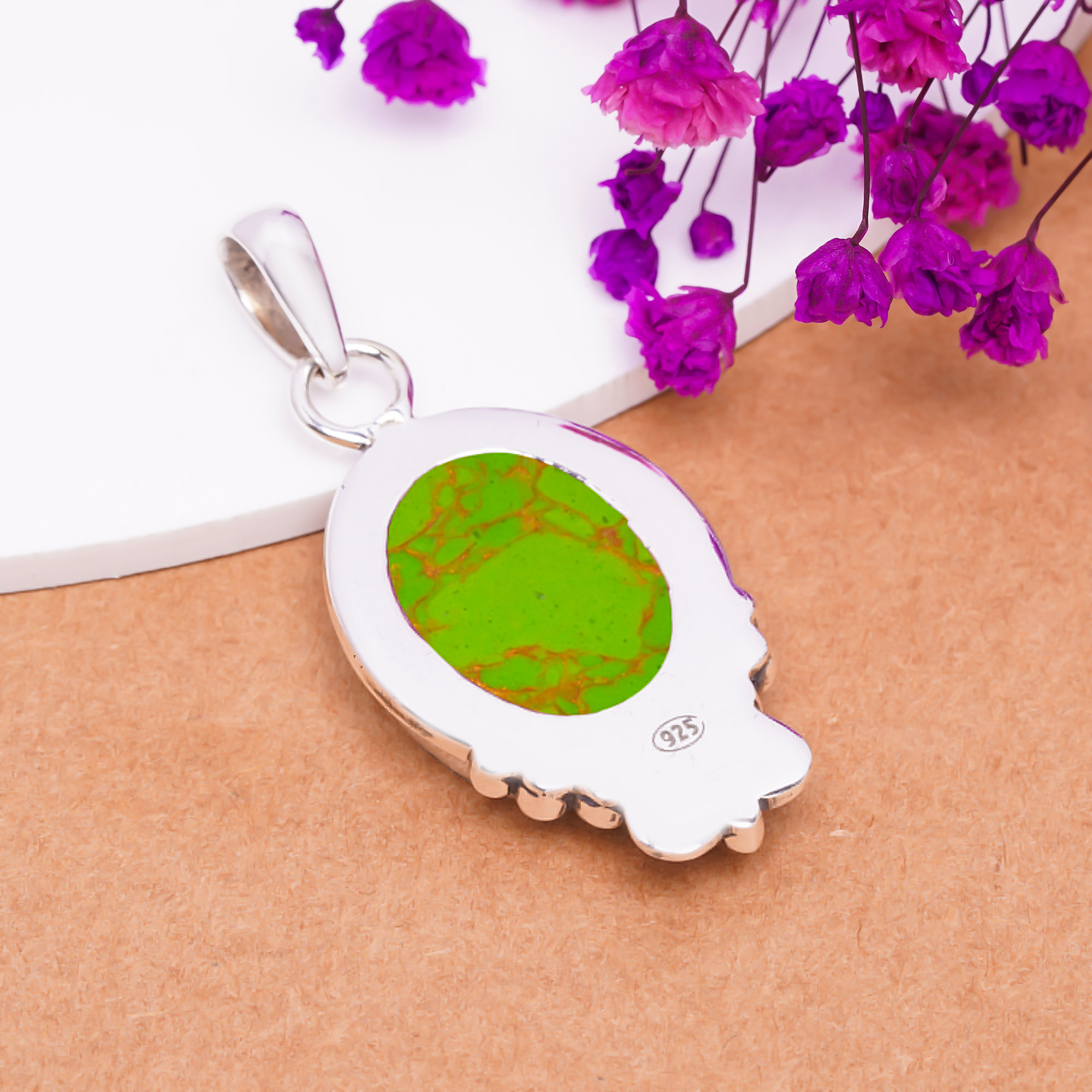 Copper Green Turquoise - Simulated 925 Solid Sterling Silver Pendant