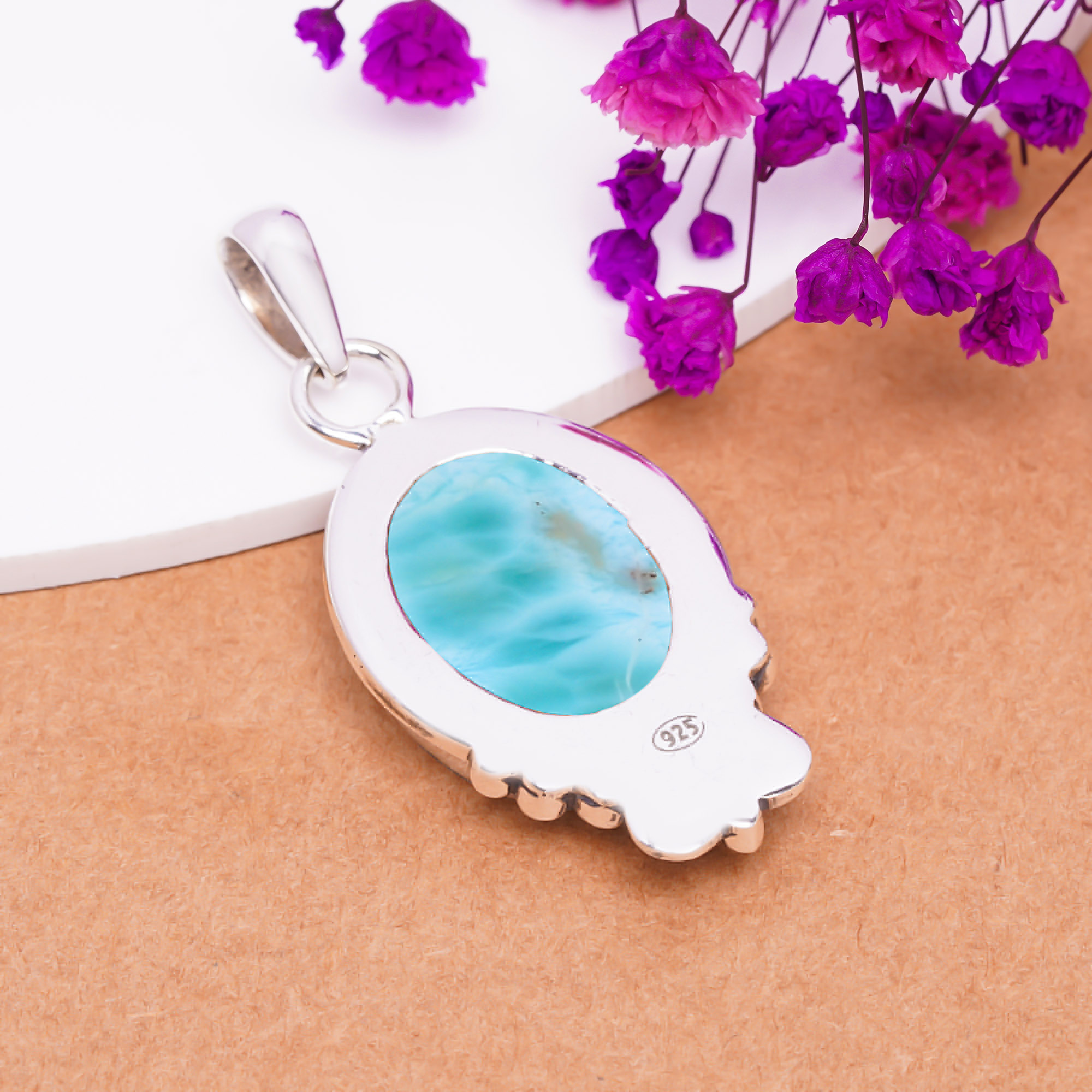 Natural Larimar / Pactolite - Dominican Republic 925 Solid Sterling Silver Pendant
