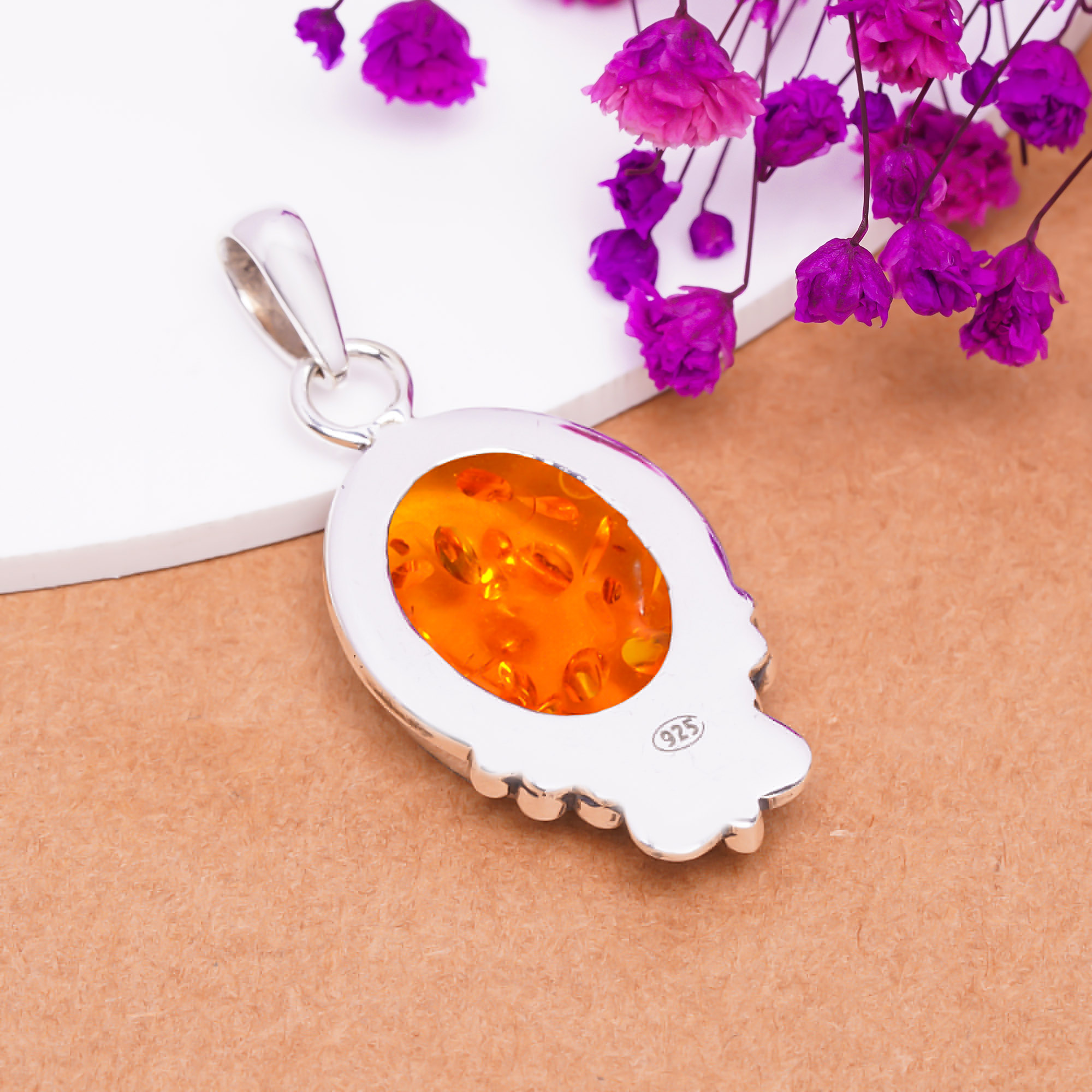Amber - Simulated 925 Solid Sterling Silver Pendant